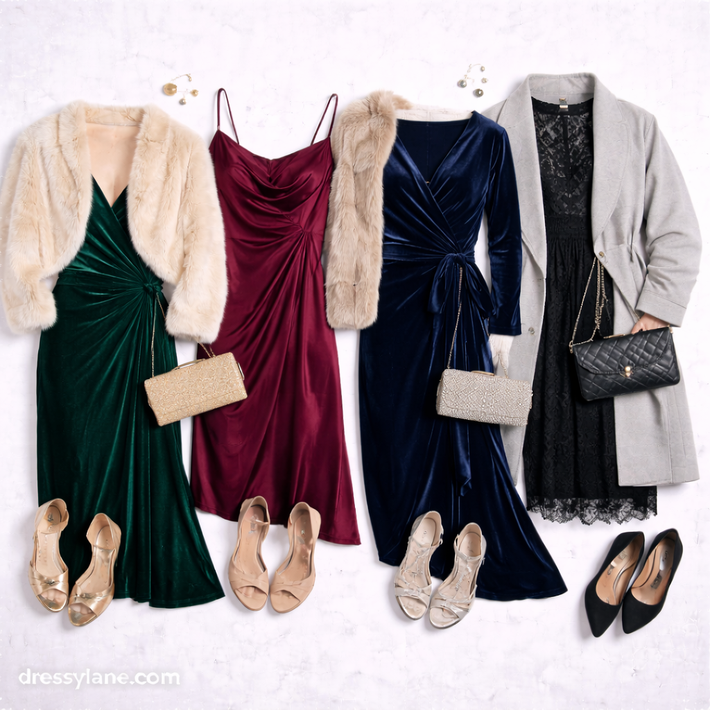 Flat lay of women’s winter wedding guest outfits featuring velvet dresses, elegant coats, heels, clutches, and formal accessories.