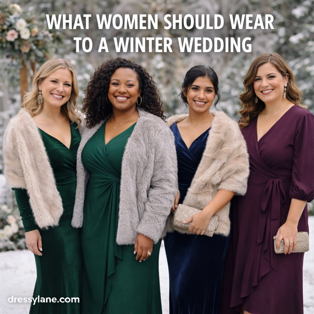 Group of women wearing elegant winter wedding guest dresses in rich seasonal colors, styled with warm outer layers at a snowy outdoor wedding.