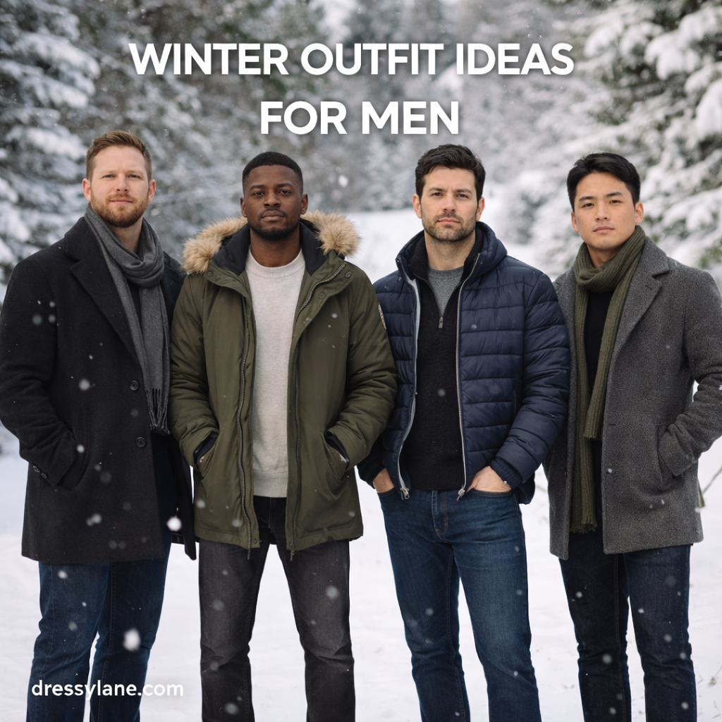 Group of men wearing stylish winter outfits including coats, jackets, scarves, and layered cold-weather looks in a snowy setting.