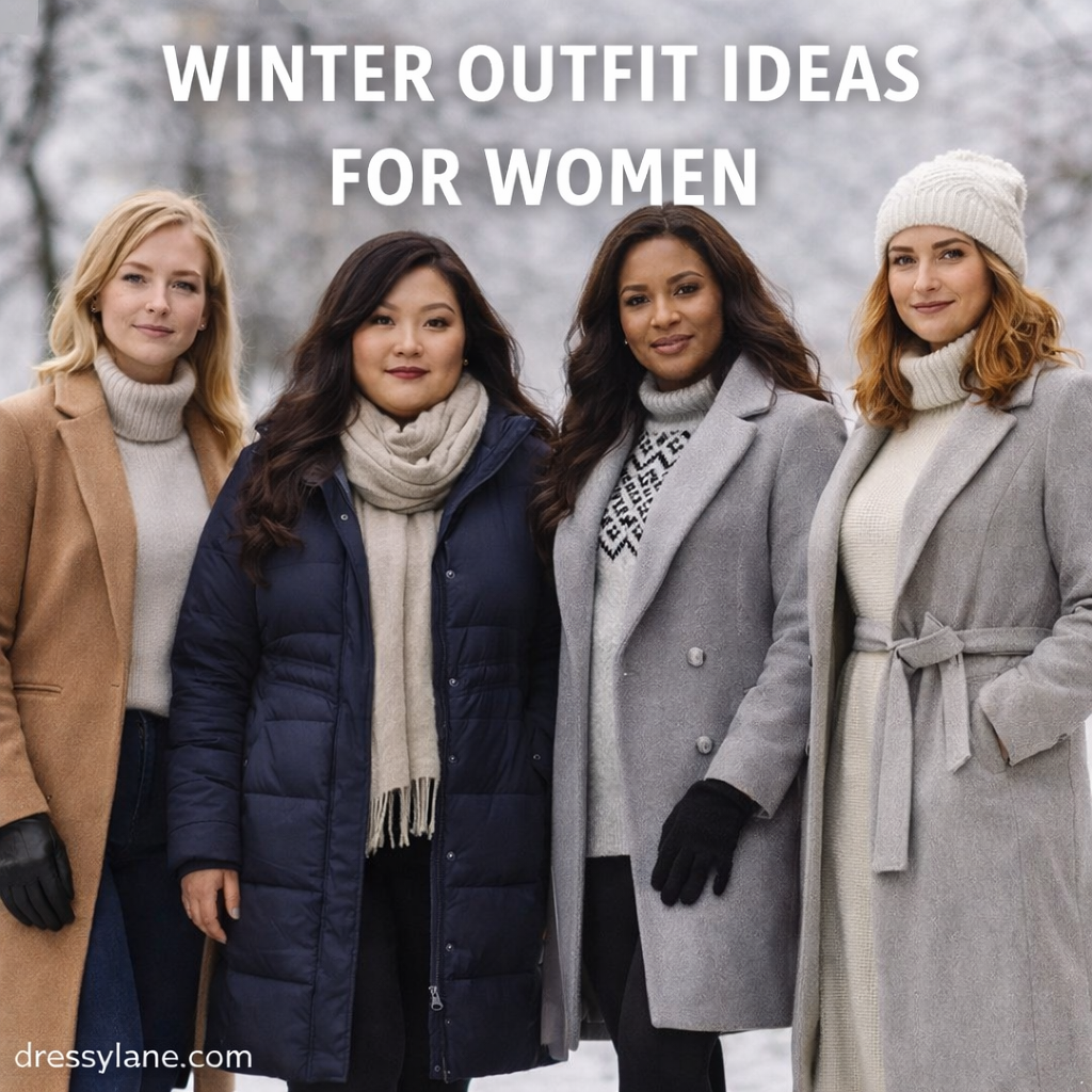 A diverse group of women wearing stylish winter outfits with coats, scarves, and layered looks, including a confident woman with a curvier build, standing outdoors in a snowy setting.