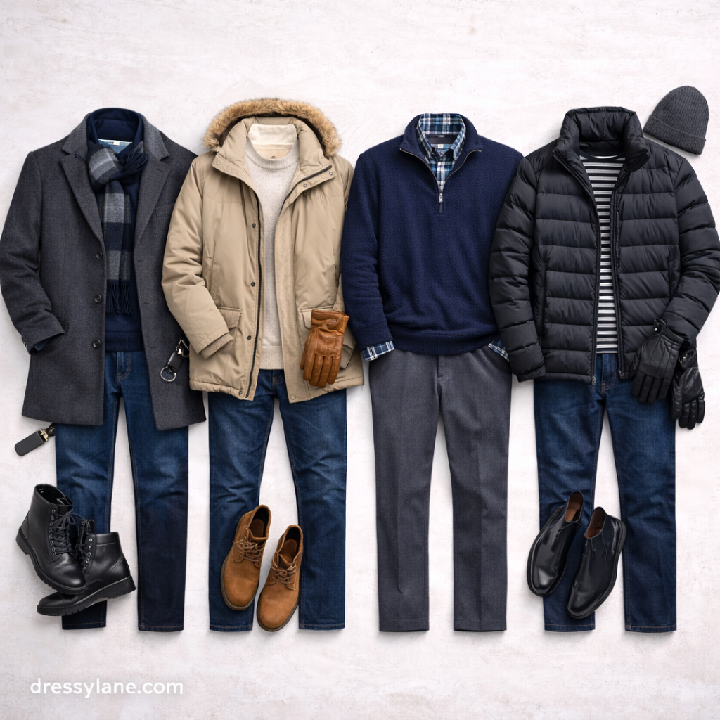 Flat lay of men’s winter outfits featuring coats, sweaters, full-length pants, scarves, gloves, and winter boots.