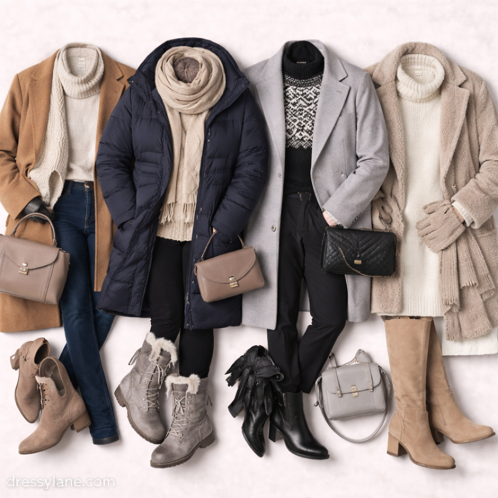 Flat lay of women’s winter outfits featuring cozy sweaters, wool coats, knit scarves, ankle boots, and cold-weather accessories arranged in neutral seasonal tones.
