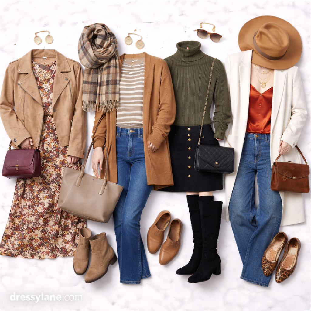 Flat lay of women’s outfits styled to transition summer clothes into fall, featuring dresses, cardigans, jackets, boots, scarves, and seasonal accessories arranged on a light background.