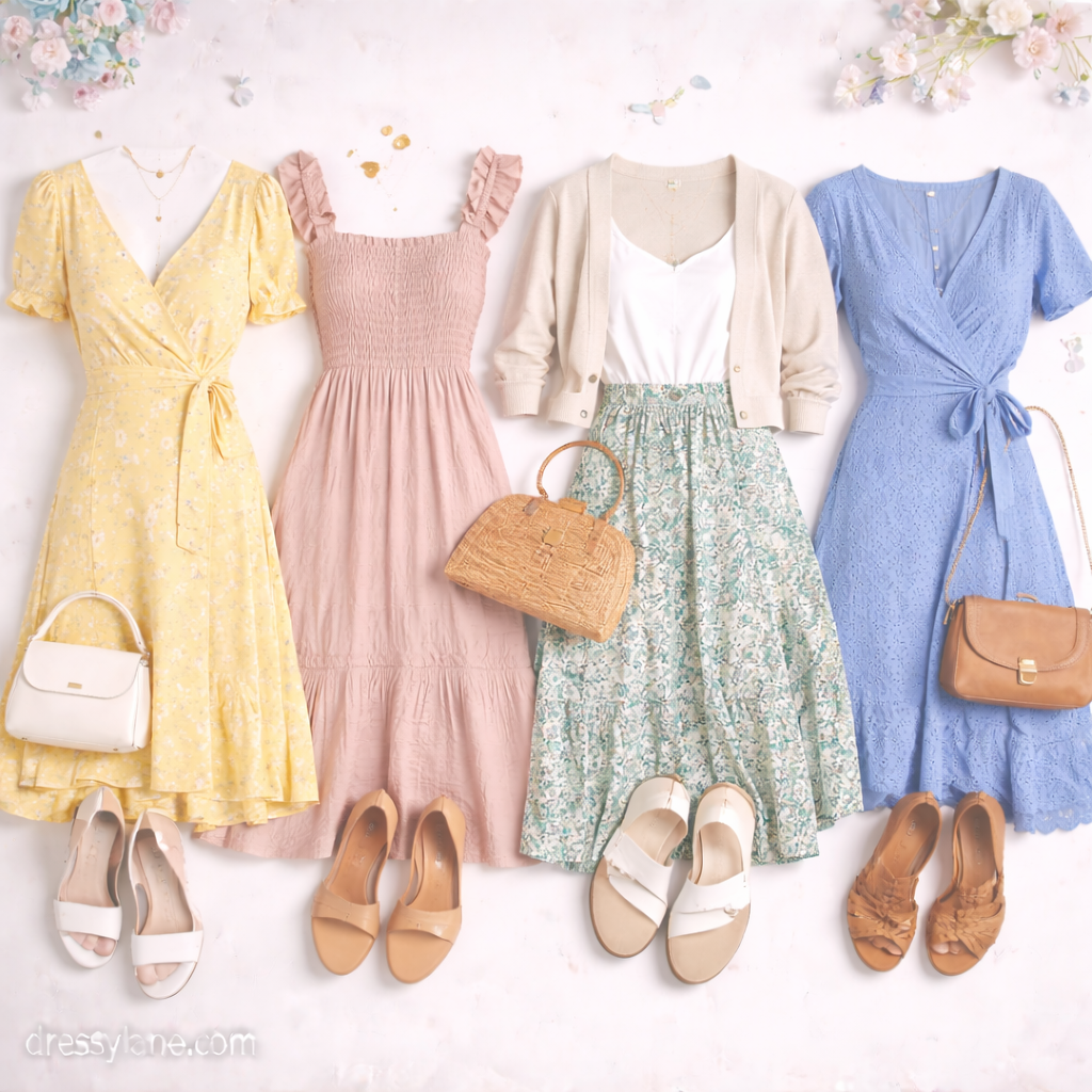 Flat lay of women’s baby shower outfits featuring pastel dresses, light layers, sandals, handbags, and soft accessories.