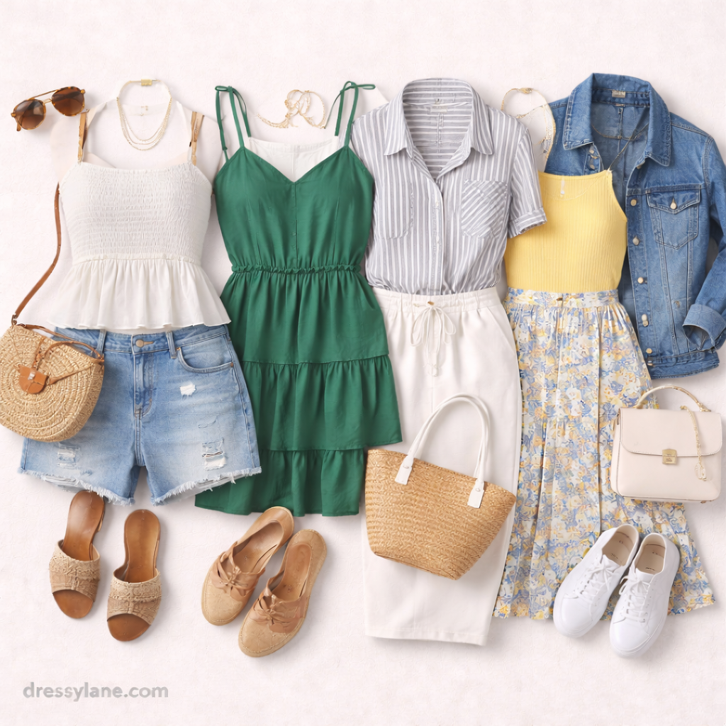 Flat lay of women’s casual summer clothing and accessories arranged neatly, featuring relaxed outfits suitable for a barbecue.