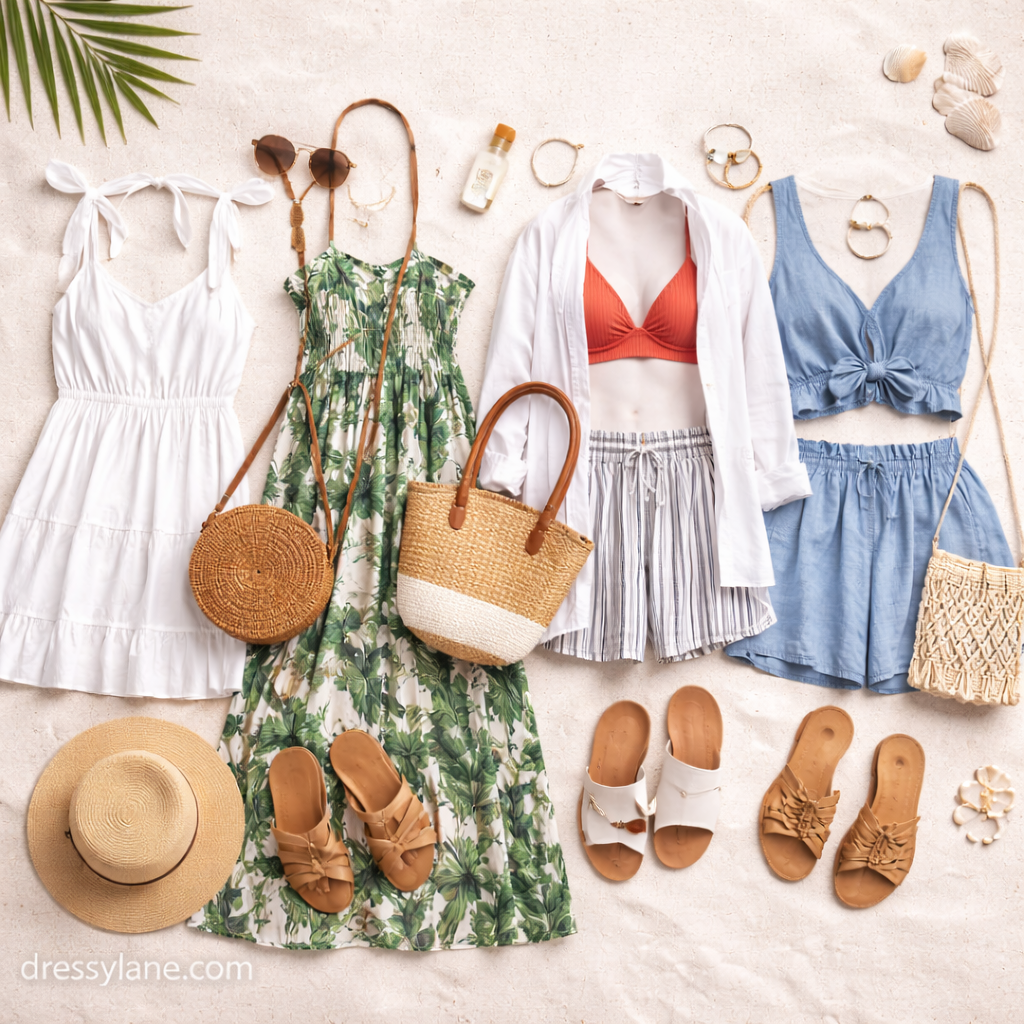 Flat lay of women’s beach vacation outfits featuring sundresses, cover-ups, lightweight sets, sandals, straw bags, sunglasses, and summer accessories.