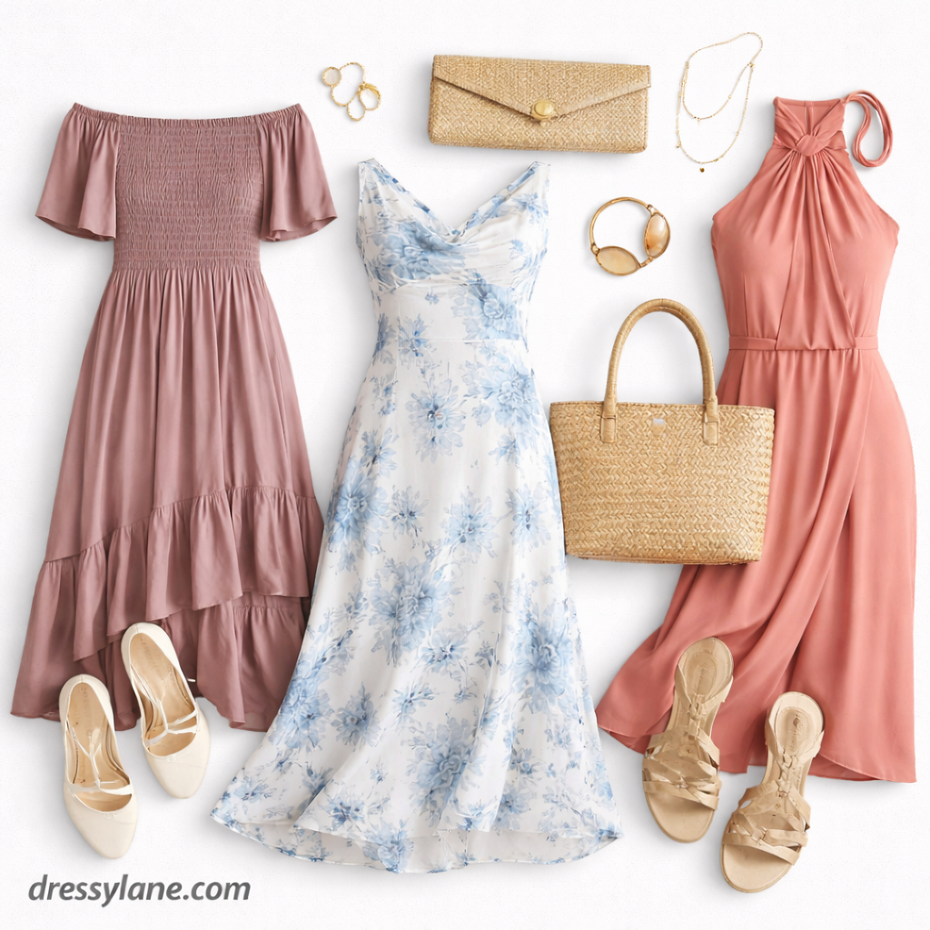 Flat lay of women’s beach wedding outfits featuring flowy dresses, sandals, woven bags, and elegant accessories in soft summer colors.