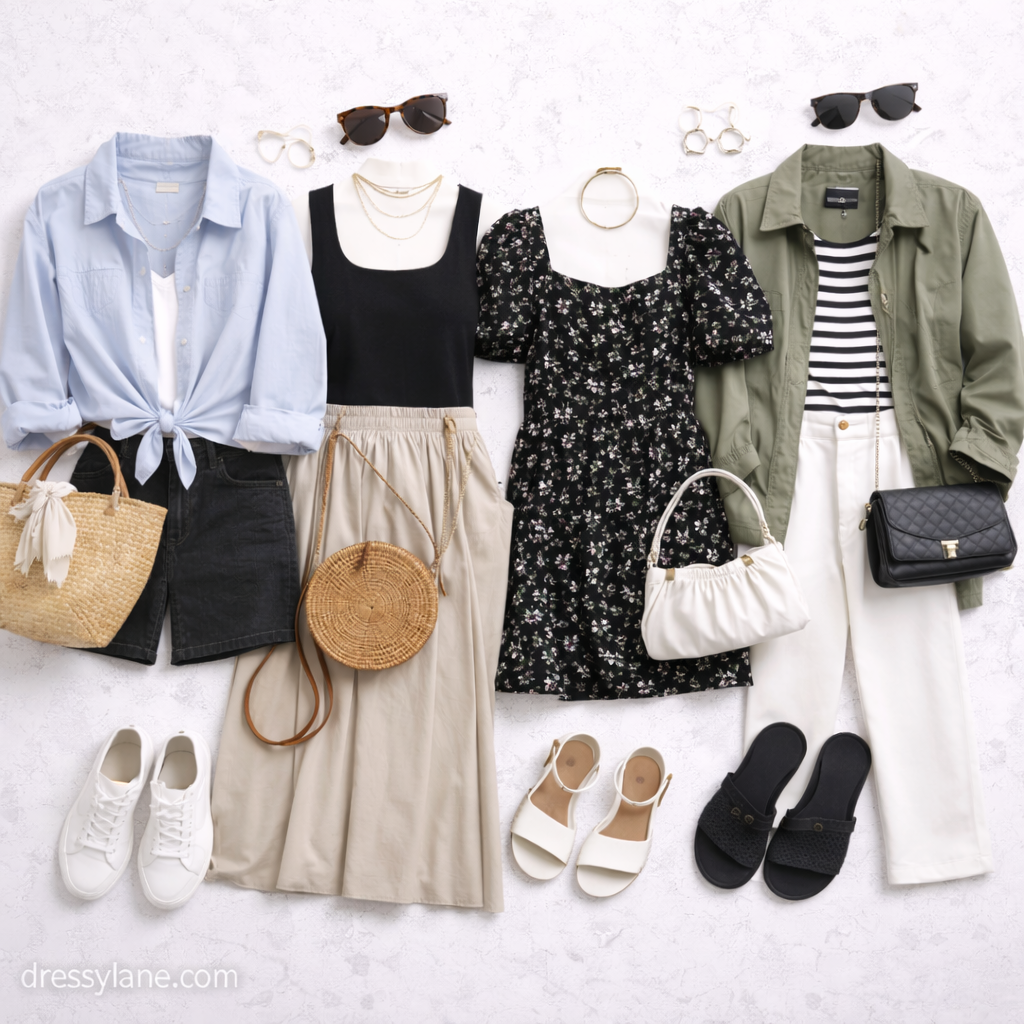 Flat lay of women’s outfits featuring black dresses, black tops, black skirts, and coordinated accessories styled in modern black-based looks.