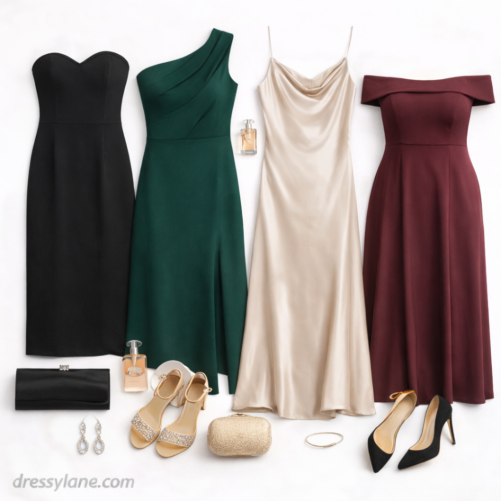 Flat lay of women’s black tie wedding attire featuring elegant evening gowns, formal heels, clutches, and refined accessories.