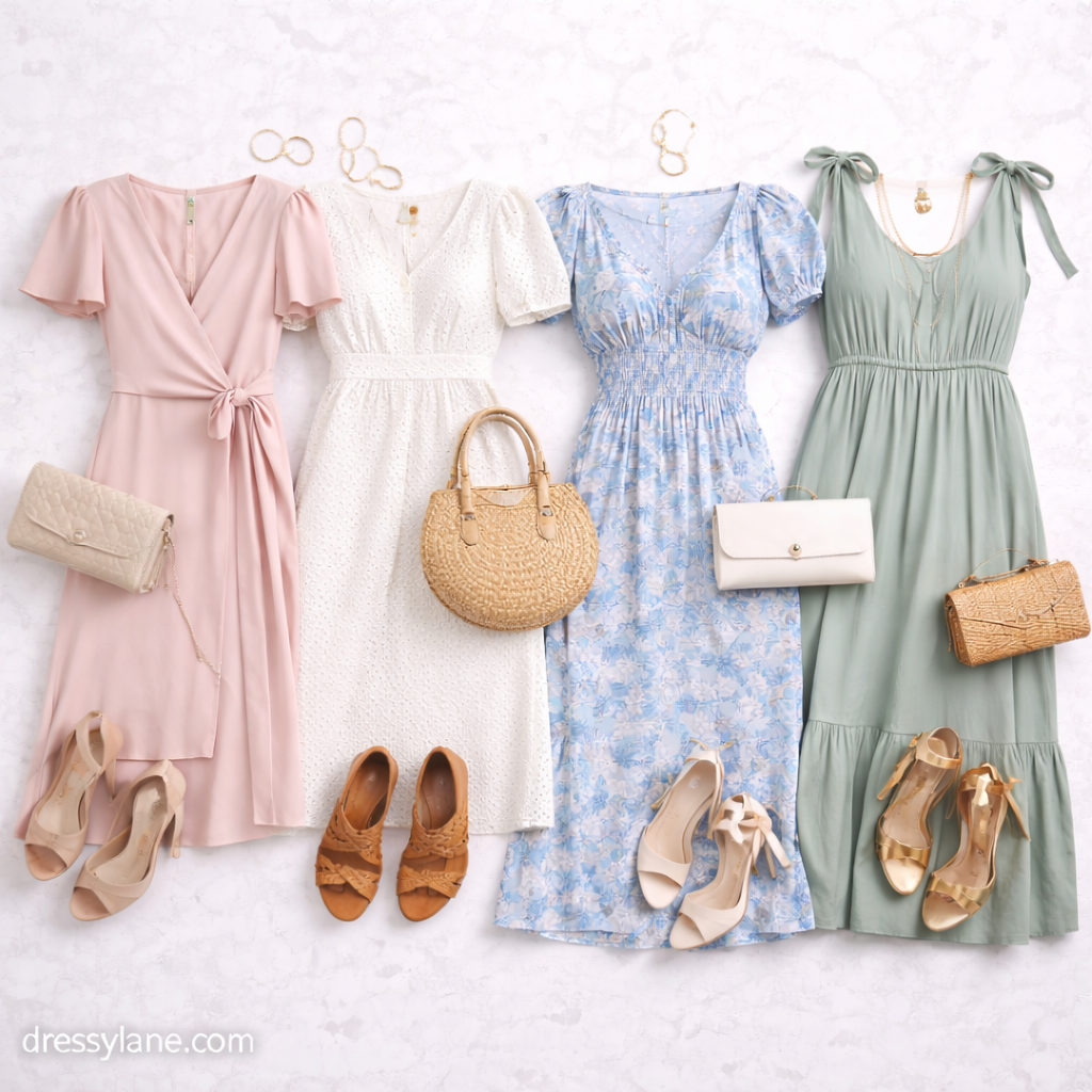 Flat lay of women’s bridal shower outfits featuring elegant dresses in soft colors paired with heels, handbags, and refined accessories.