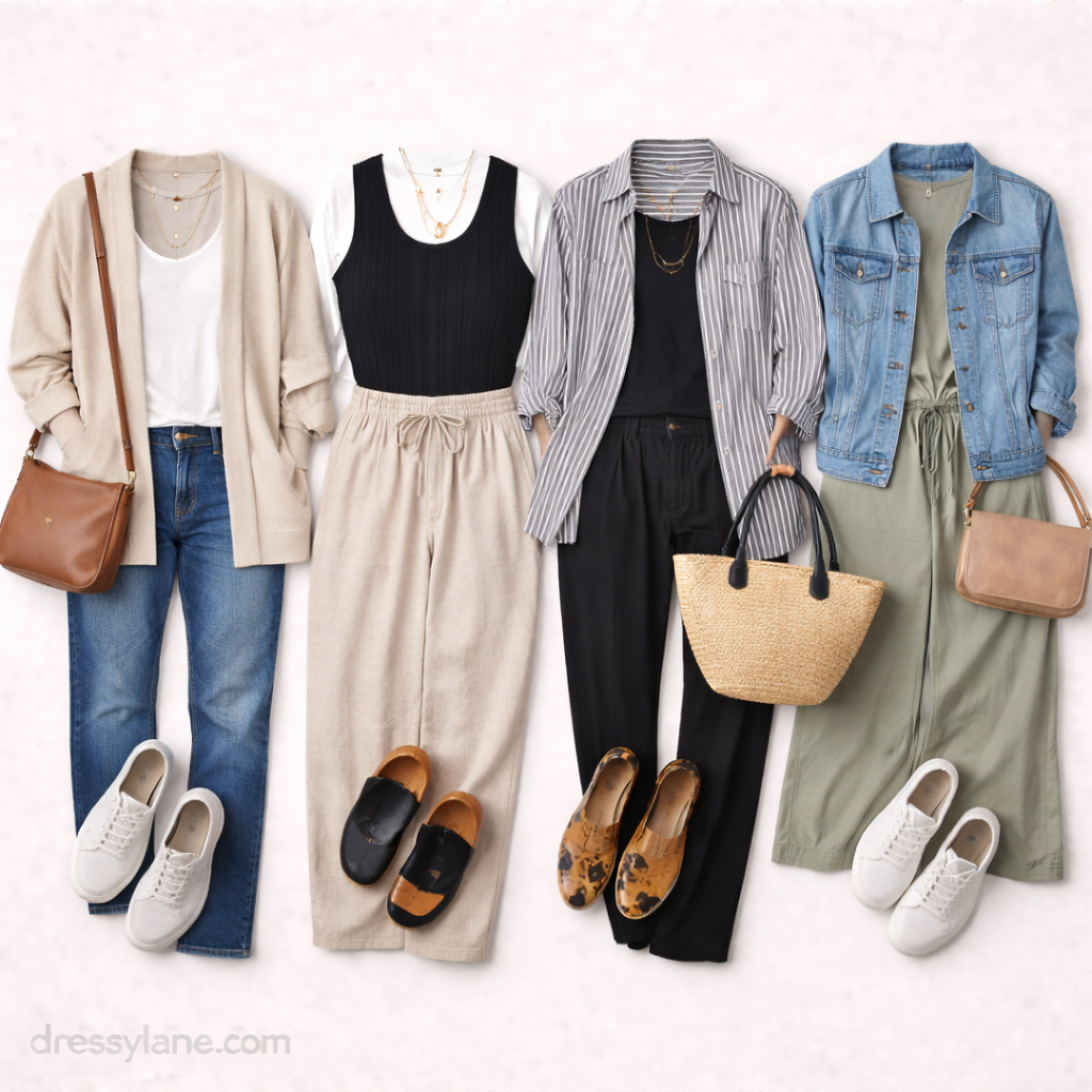 Flat lay of women’s wardrobe basics including neutral tops, cardigans, trousers, jeans, casual shoes, handbags, and simple accessories.