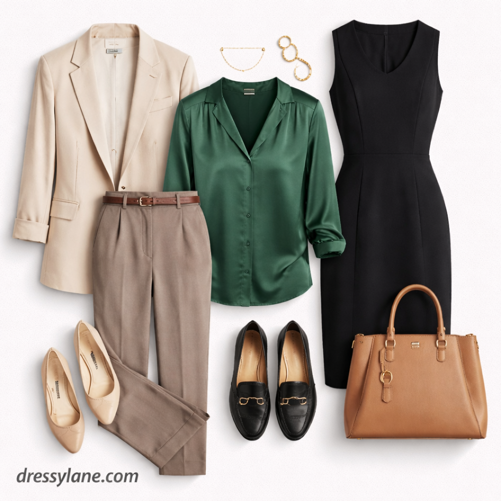 Flat lay of women’s business casual clothing including blazer, blouse, trousers, dress, loafers, flats, handbag, and accessories.
