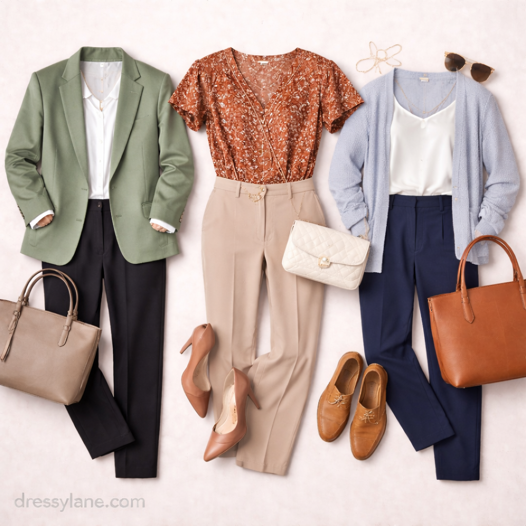 Flat lay of women’s business casual outfits featuring blouses, tailored trousers, blazers, flats, heels, handbags, and work accessories.