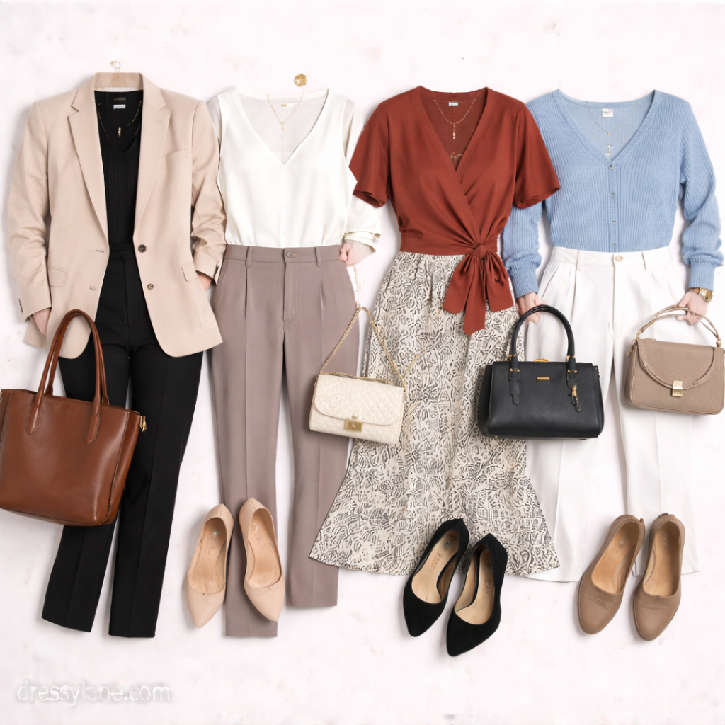Flat lay of women’s business casual outfits featuring blouses, tailored pants, skirts, blazers, heels, and professional handbags.