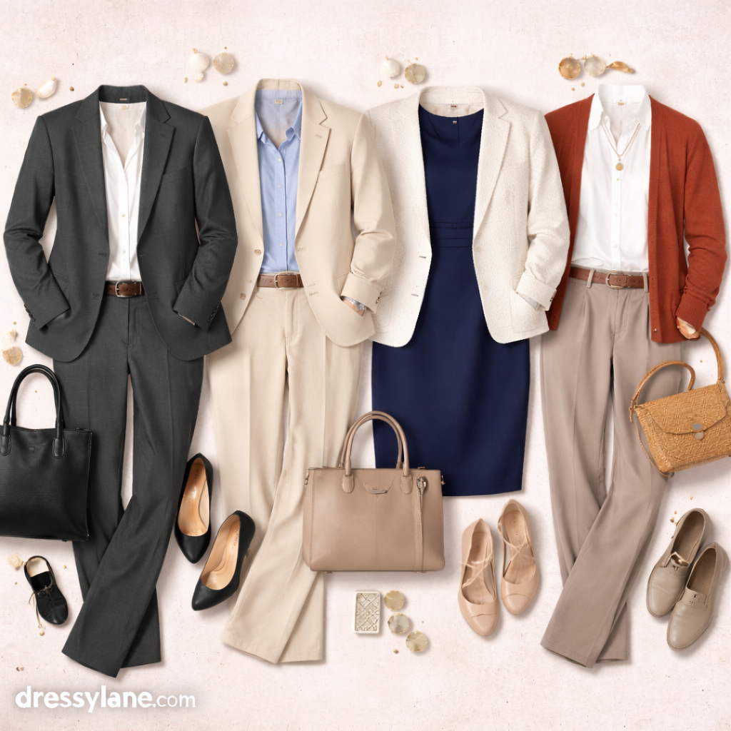 Flat lay of women’s business formal and business casual outfits with suits, dresses, blazers, pants, shoes, and work accessories.