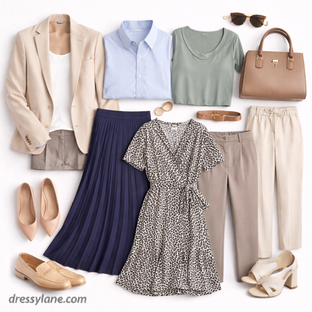 Flat lay of women’s casual interview outfits featuring blouses, blazer, skirt, trousers, dress, shoes, and accessories.