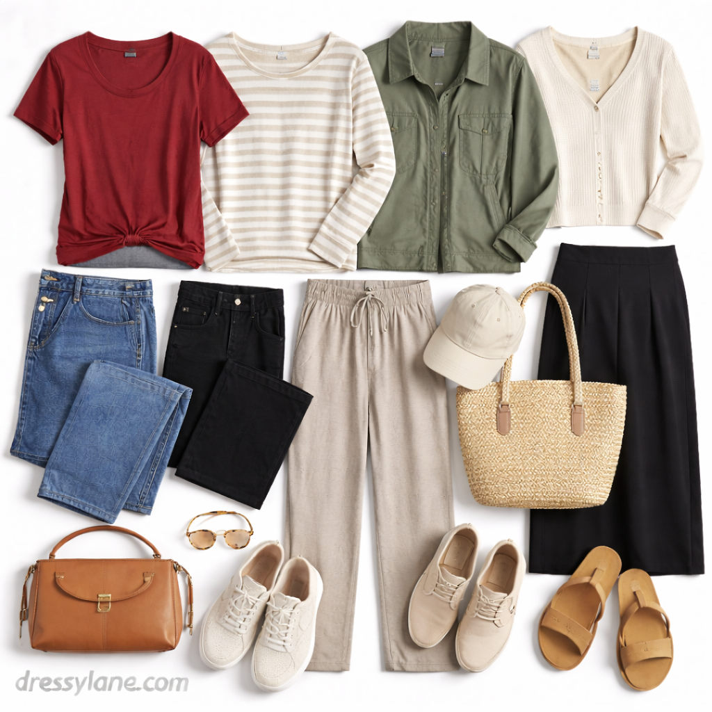 Flat lay of women’s casual outfits featuring tops, jeans, relaxed trousers, jackets, sneakers, sandals, and everyday accessories.