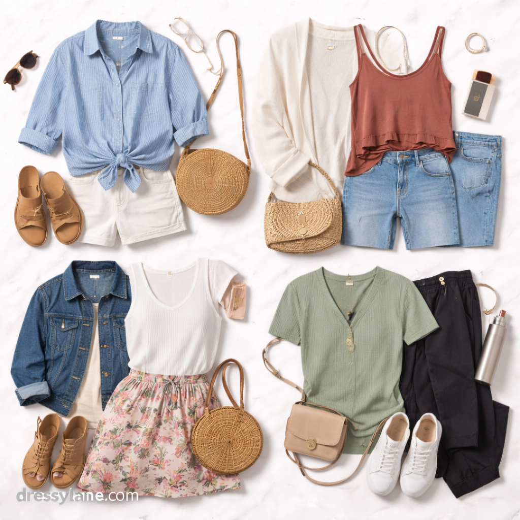 Flat lay of women’s casual social outfits featuring tops, denim, skirts, shoes, bags, and accessories arranged neatly on a light background.