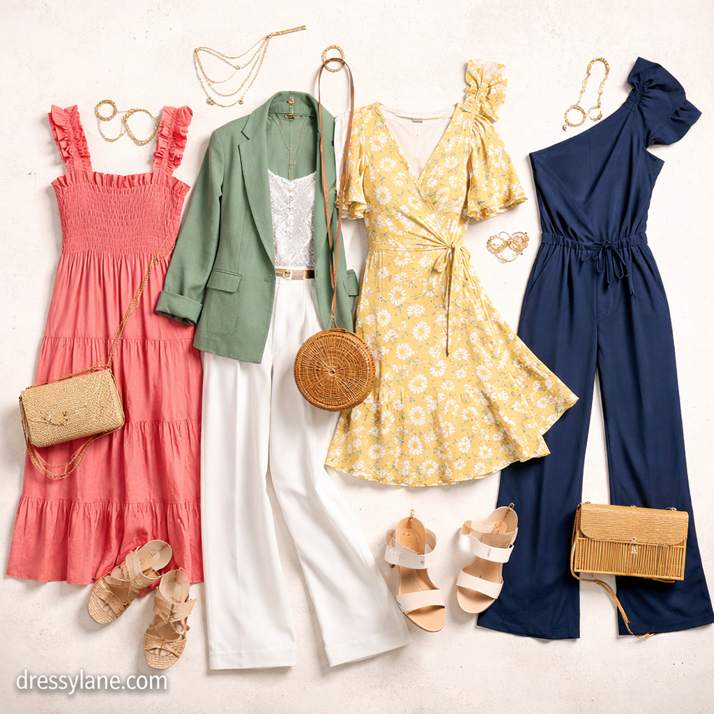 Flat lay of women’s casual wedding guest outfits featuring dresses, a jumpsuit, neutral shoes, and coordinated accessories.
