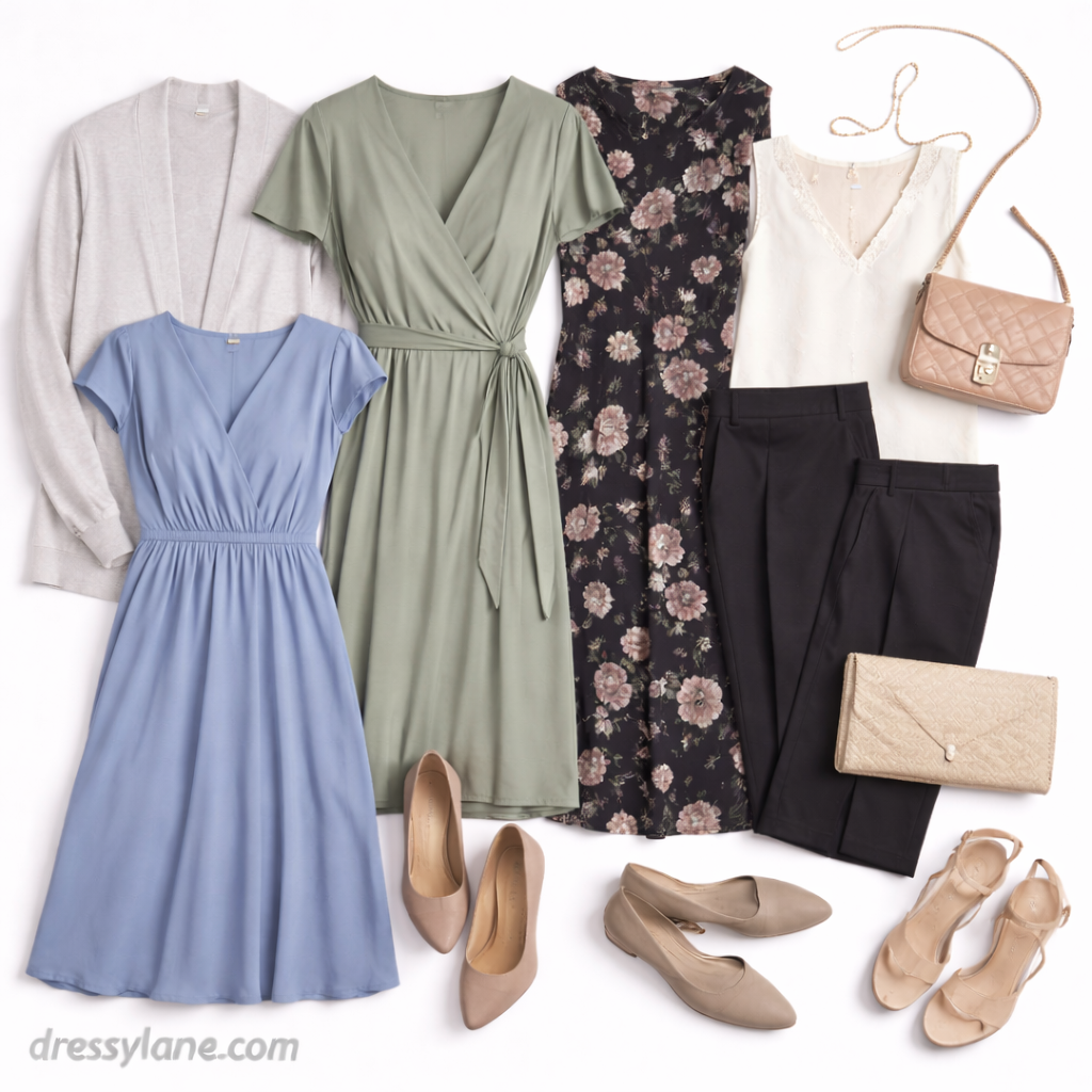 Flat lay of women’s celebration of life outfits featuring muted dresses, soft blouses, tailored pants, neutral shoes, and understated accessories.