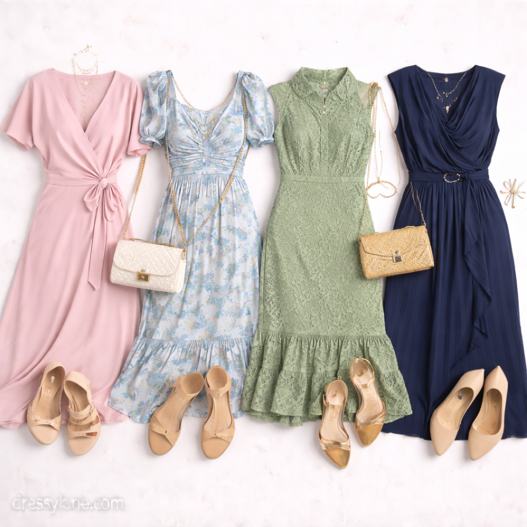 Flat lay of women’s church wedding guest outfits featuring modest midi dresses, elegant heels, handbags, and refined accessories.