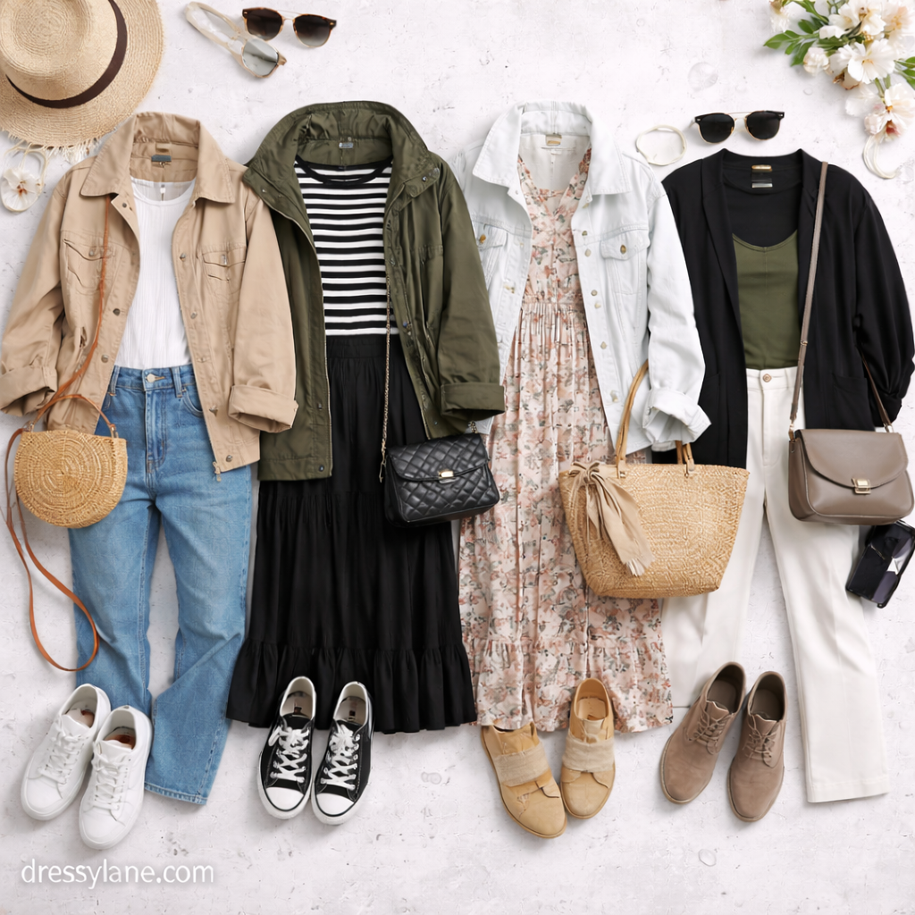Flat lay of women’s city trip outfits featuring casual jackets, dresses, trousers, sneakers, boots, handbags, and travel-ready accessories.