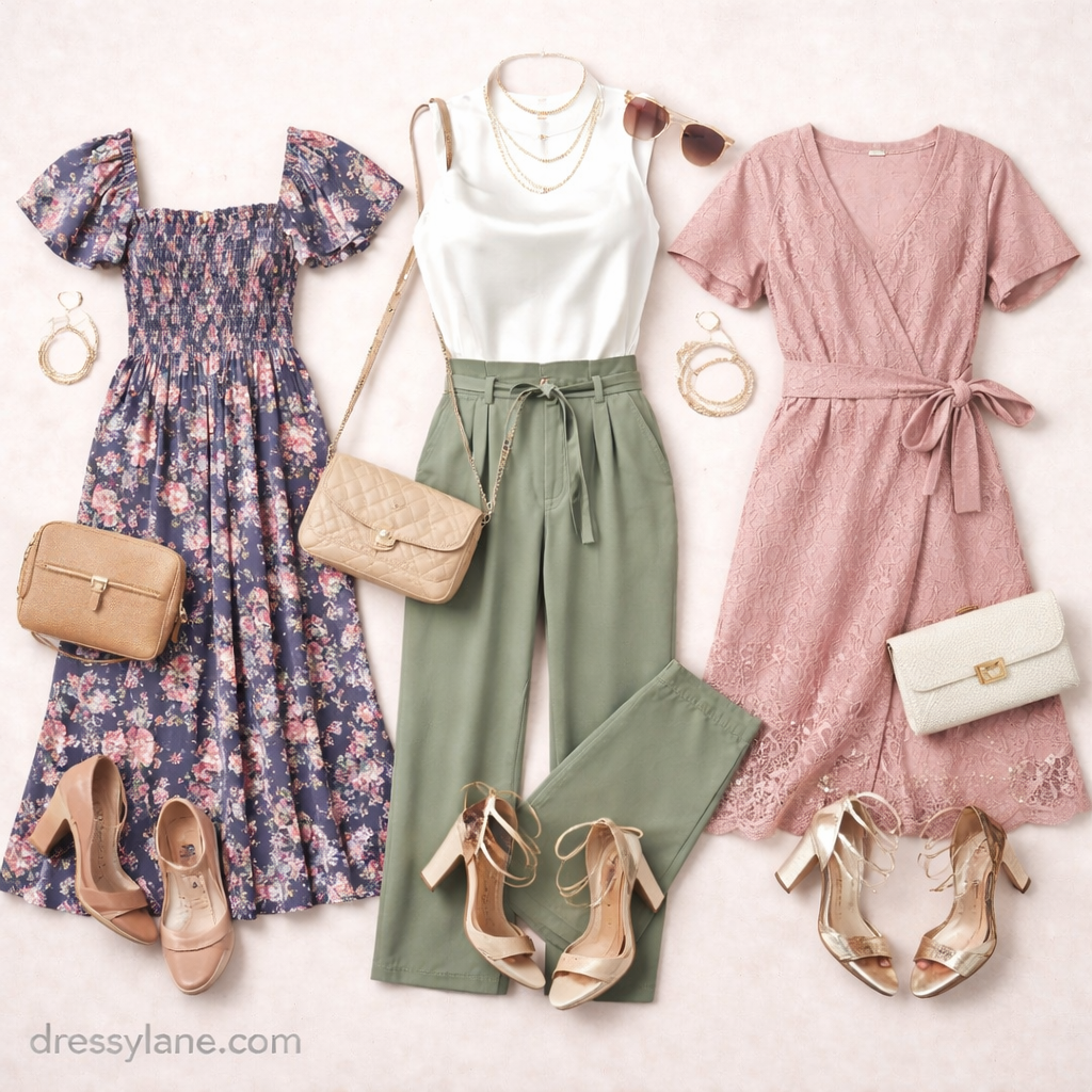 Flat lay of women’s cocktail wedding outfits including midi dresses, wide-leg trousers, heels, clutches, and elegant accessories.