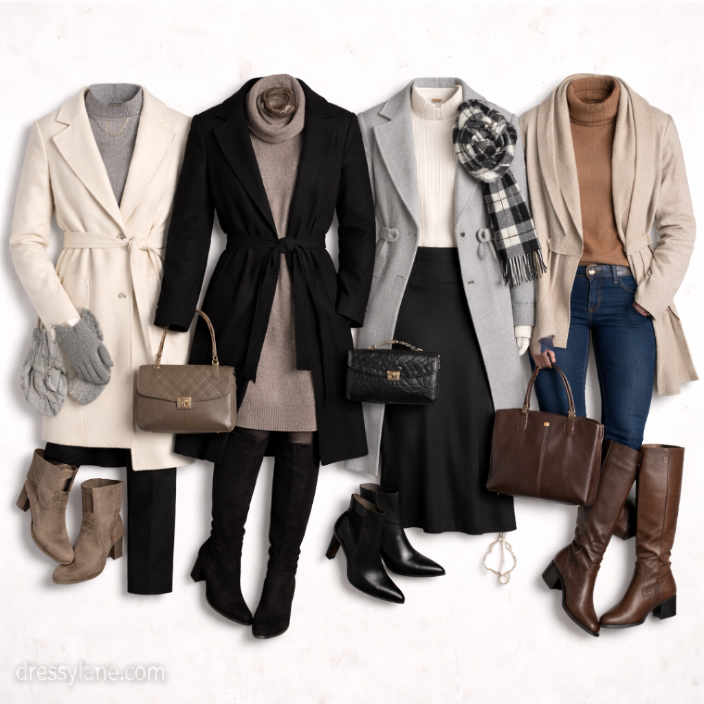 Flat lay of women’s cold weather outfits featuring streamlined coats, knit layers, boots, scarves, and neutral accessories without bulky silhouettes.