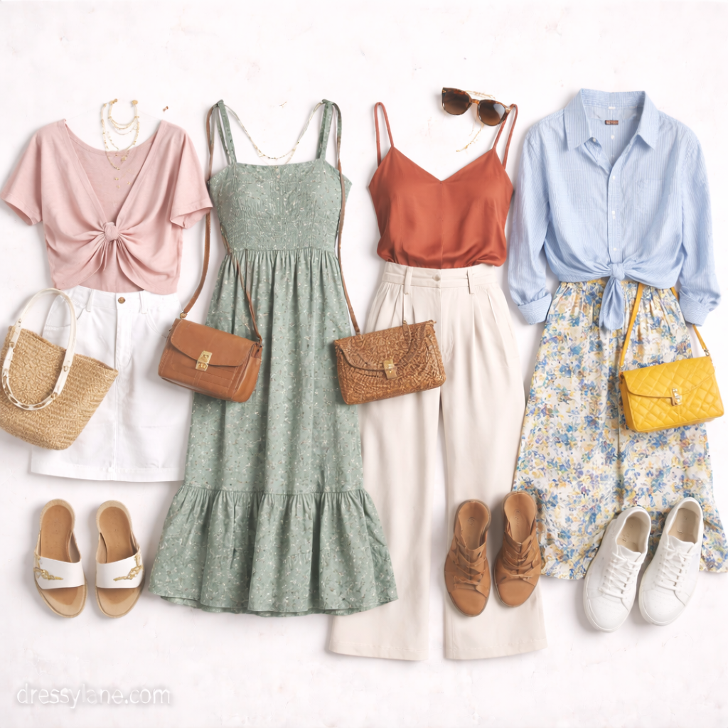 Flat lay of women’s outfits showing coordinated color combinations with dresses, skirts, trousers, tops, shoes, and matching accessories.