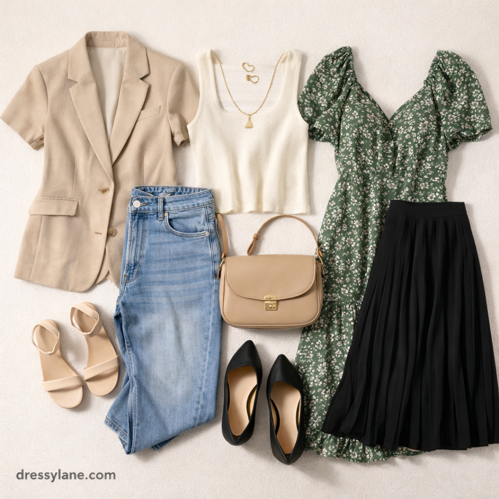 Flat lay of women’s clothing and accessories arranged neatly, featuring modern outfits that reflect confident everyday style.