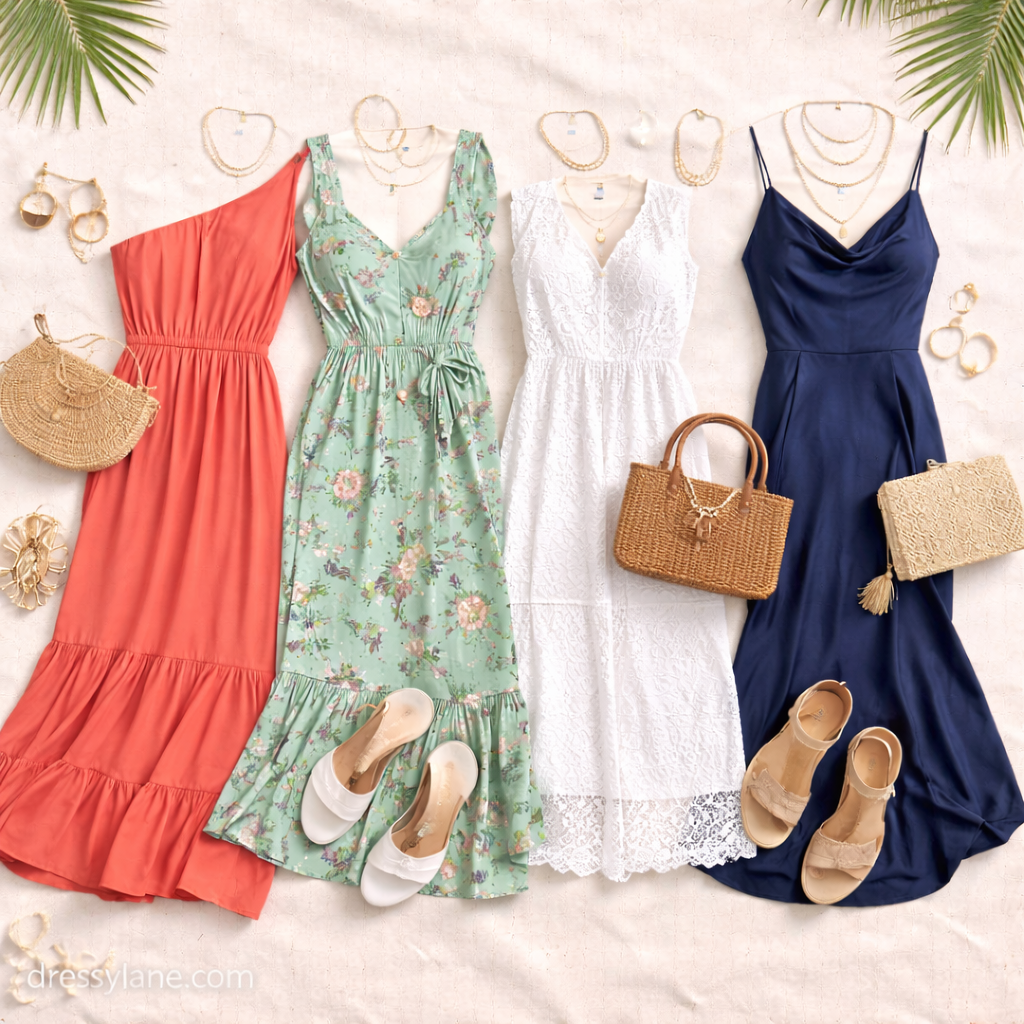 Flat lay of women’s destination wedding outfits featuring lightweight dresses, elegant sandals, woven bags, jewelry, and warm-weather accessories.