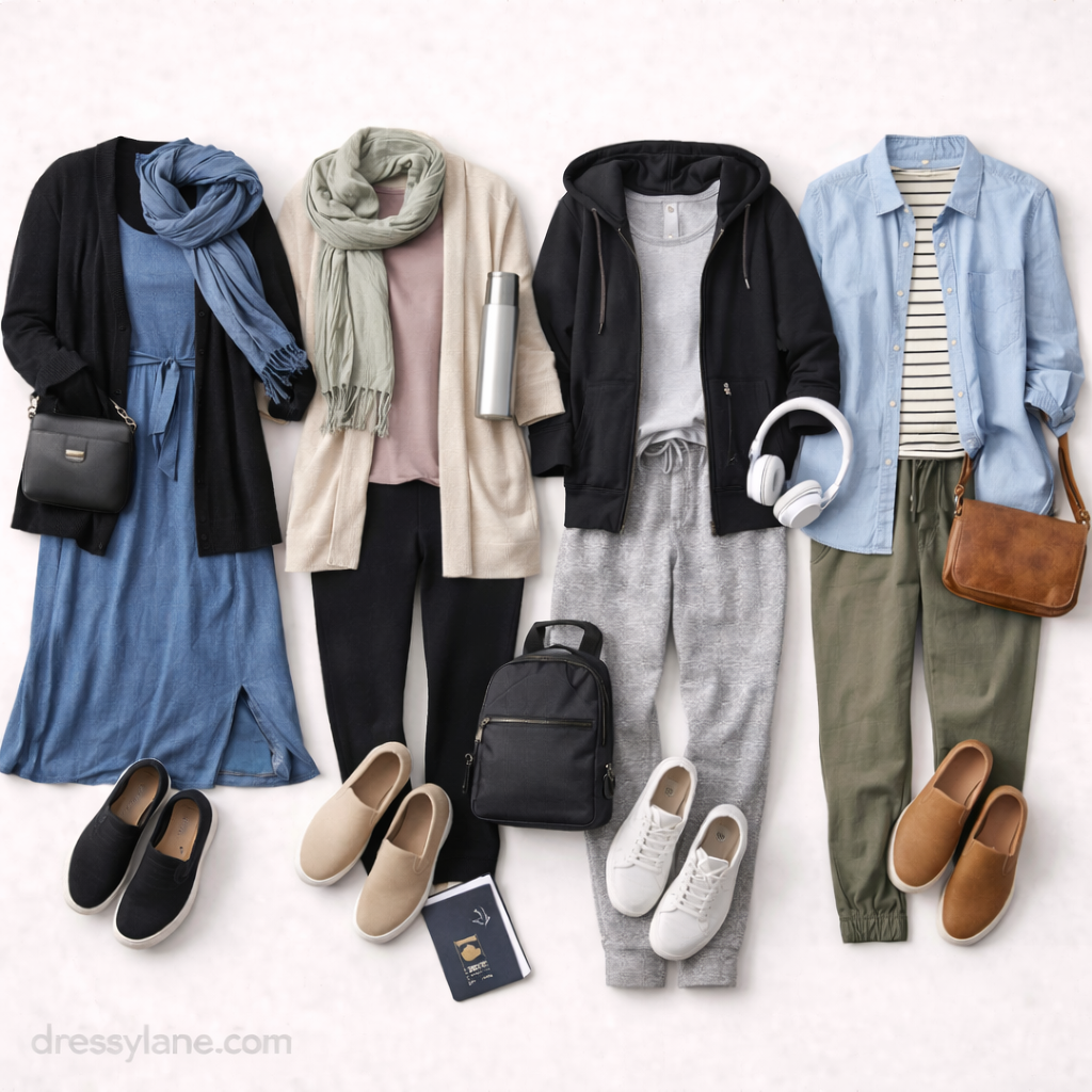 Flat lay of women’s travel outfits featuring layered clothing, scarves, cardigans, sneakers, and accessories designed for changing time zones.