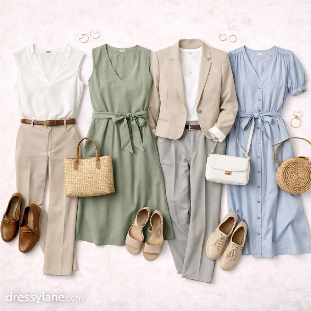 Flat lay of women’s lightweight outfits featuring dresses, tailored pants, blazers, shoes, bags, and accessories styled for a polished warm-weather look.