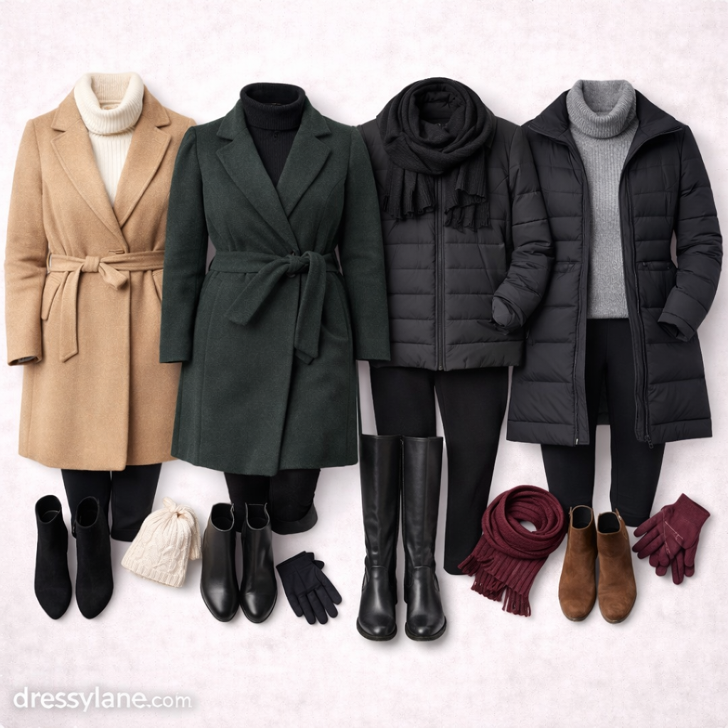 Flat lay of women’s winter outfits featuring streamlined coats, sweaters, boots, scarves, gloves, and accessories styled to stay warm without looking bulky.