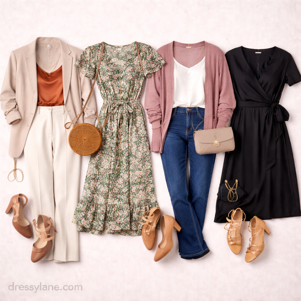 Flat lay of women’s dressy casual outfits including dresses, tailored pants, blouses, heels, handbags, and elegant accessories.