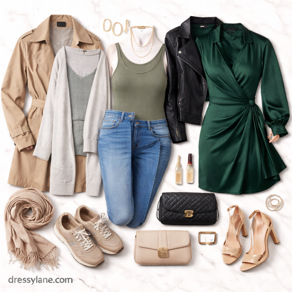Flat lay of women’s outfits styled for early morning and evening weather, featuring layered daytime clothing and elegant evening attire with accessories.