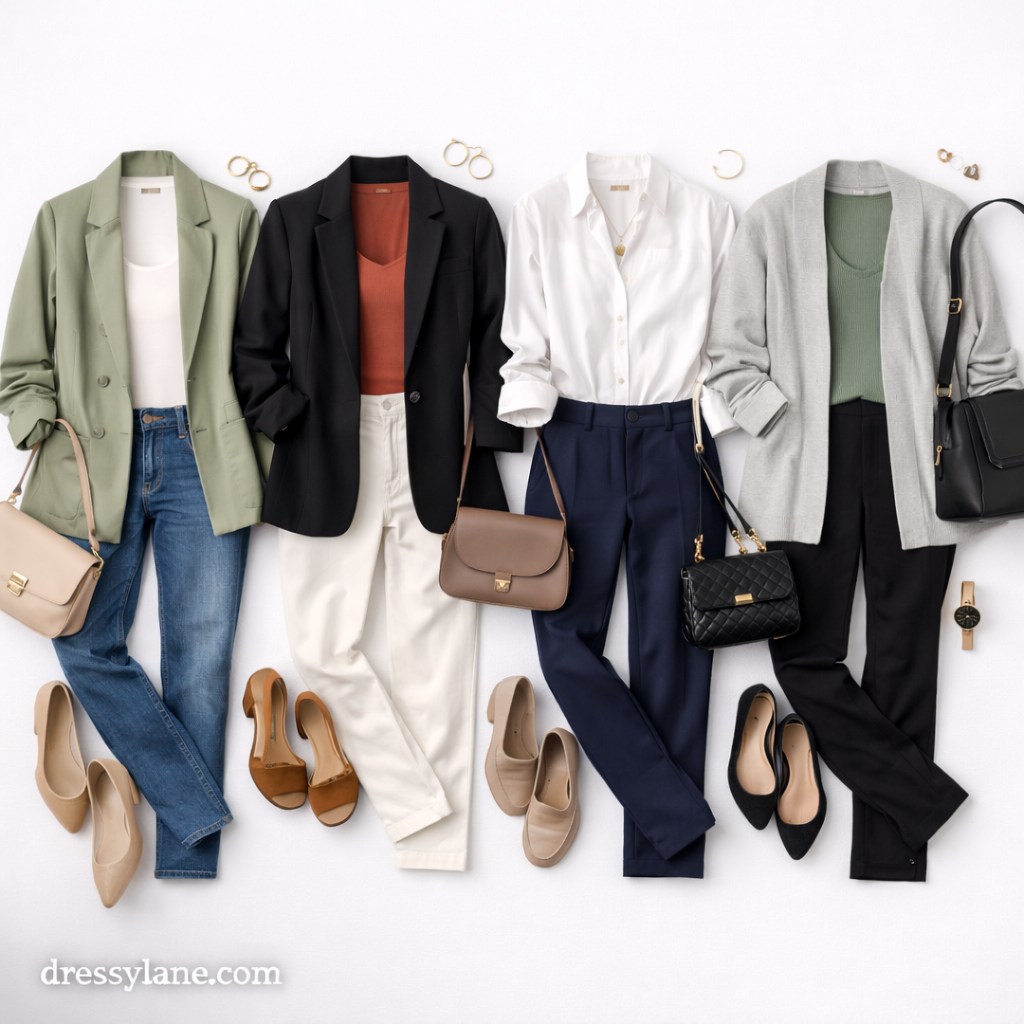 Flat lay of women’s polished everyday outfits featuring blazers, blouses, trousers, flats, and neutral accessories.
