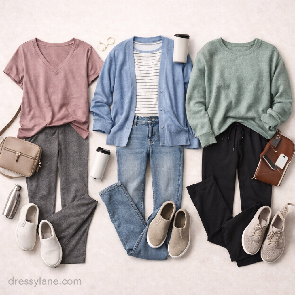 Flat lay of women’s comfortable everyday outfits including soft tops, relaxed pants, sneakers, and casual accessories.