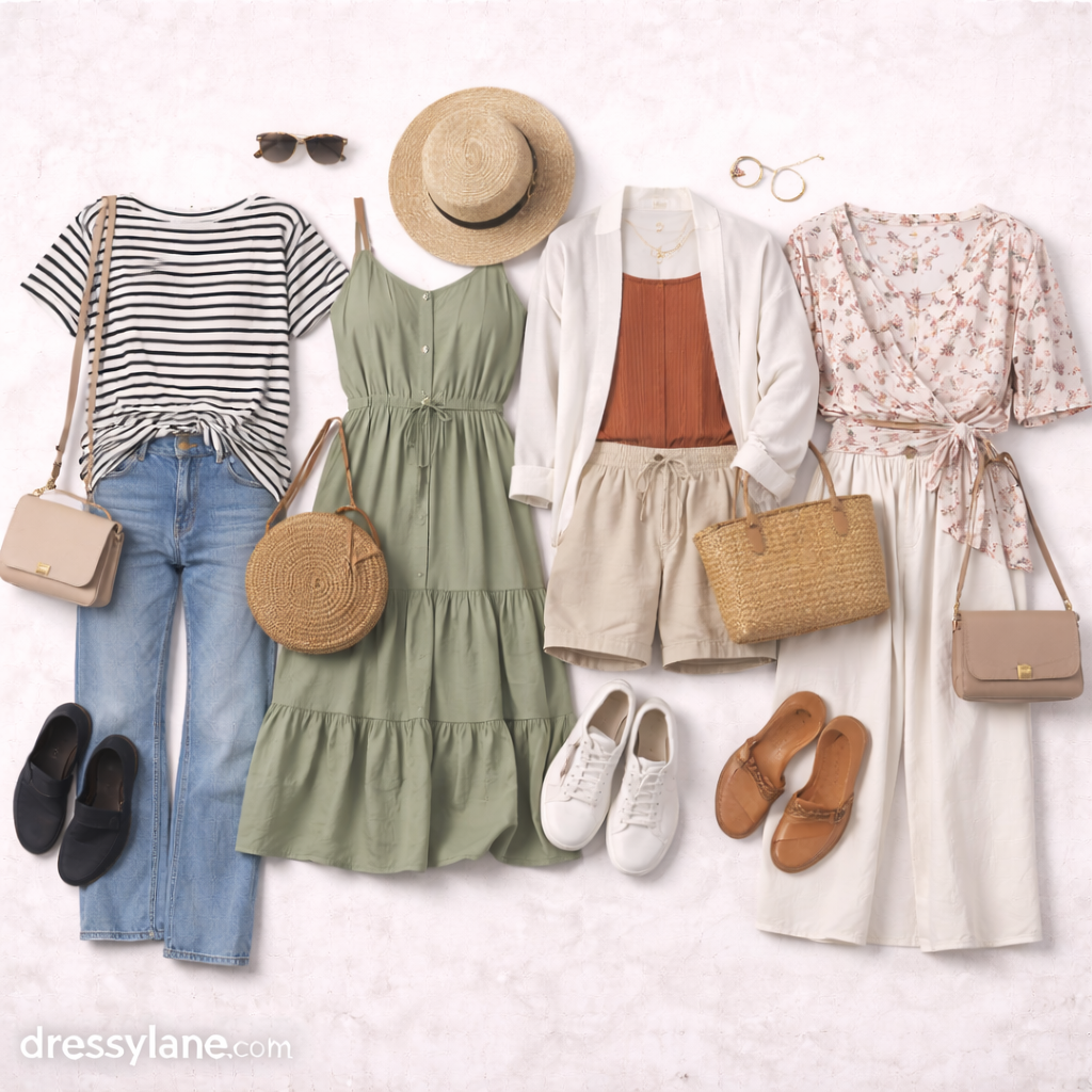 Flat lay of women’s everyday outfits featuring casual tops, dresses, pants, shoes, bags, and accessories arranged for daily wear.