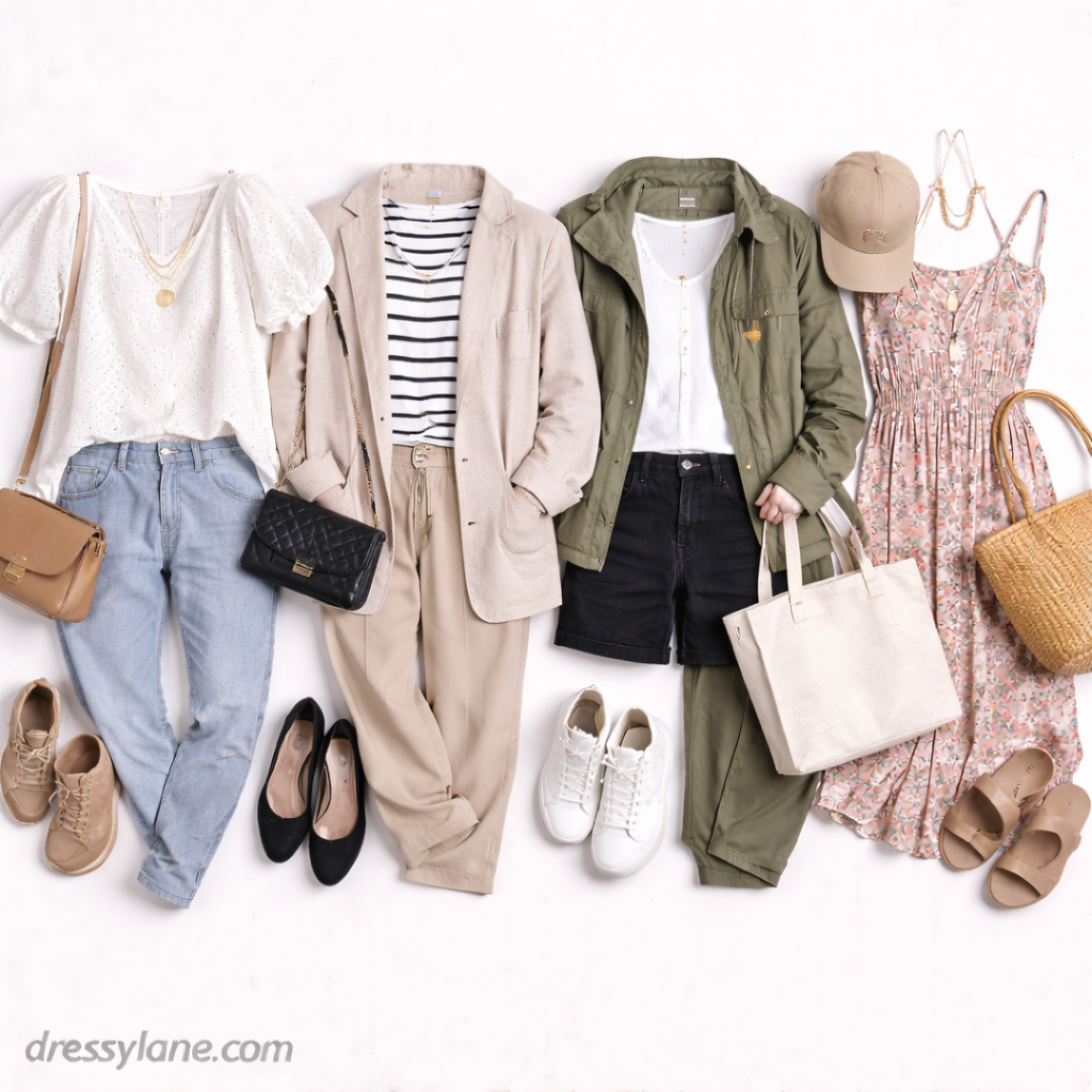 Flat lay of women’s everyday stylish outfits featuring blouses, jeans, blazers, casual dresses, shoes, handbags, and coordinated accessories.