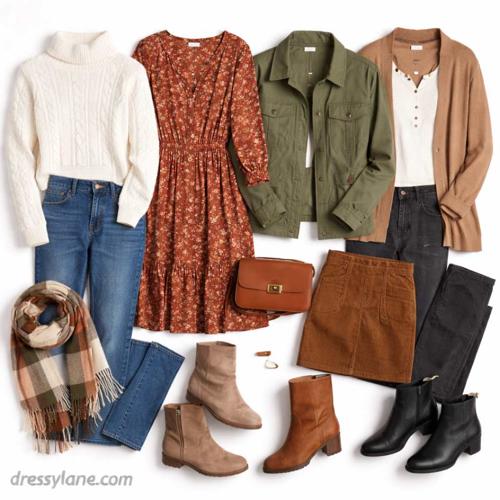 Flat lay of women’s fall outfits featuring sweaters, jacket, midi dress, jeans, skirt, boots, scarf, and seasonal accessories.