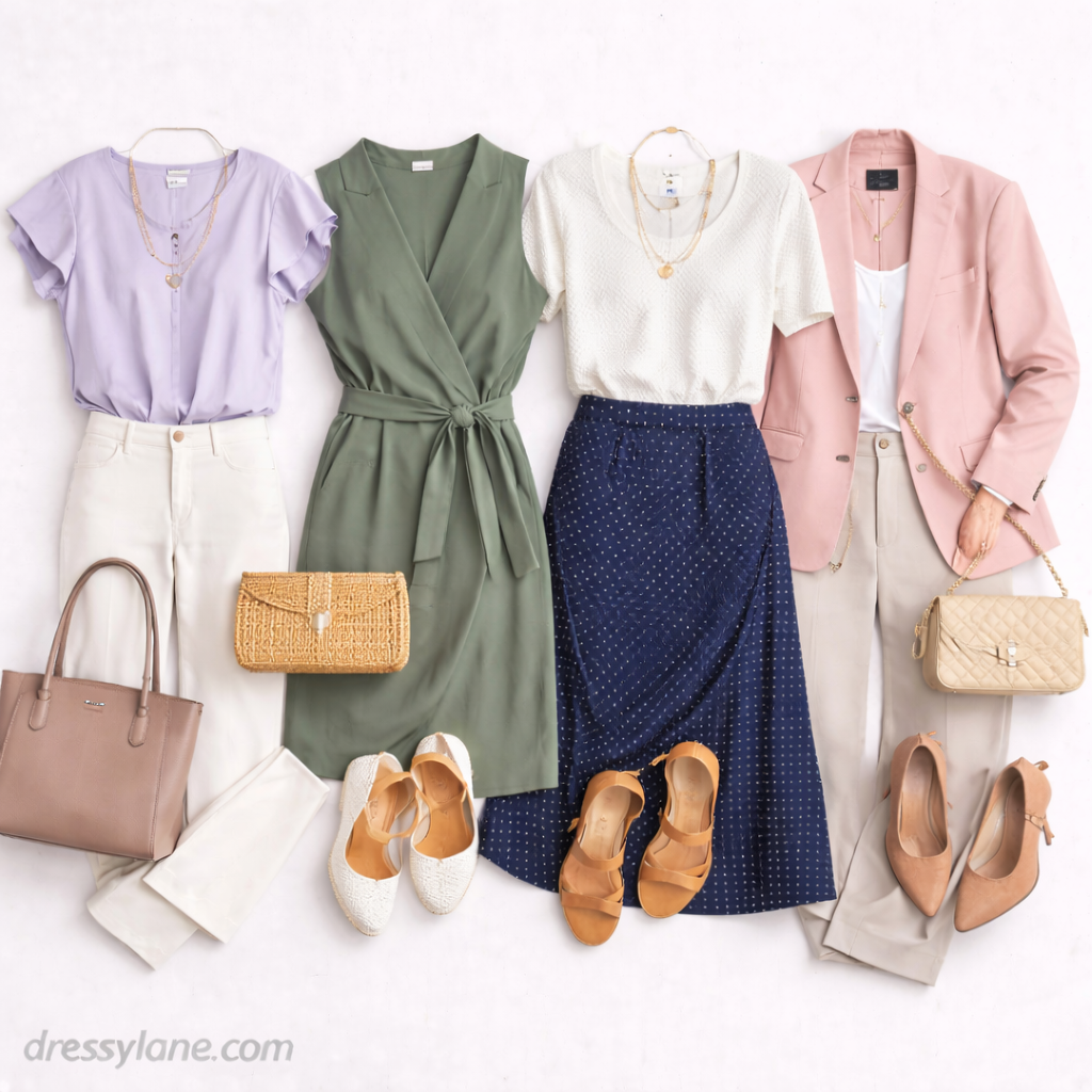 Flat lay of women’s first day at work outfits featuring blouses, a tailored blazer, professional dress, trousers, skirts, polished shoes, handbags, and minimal accessories.