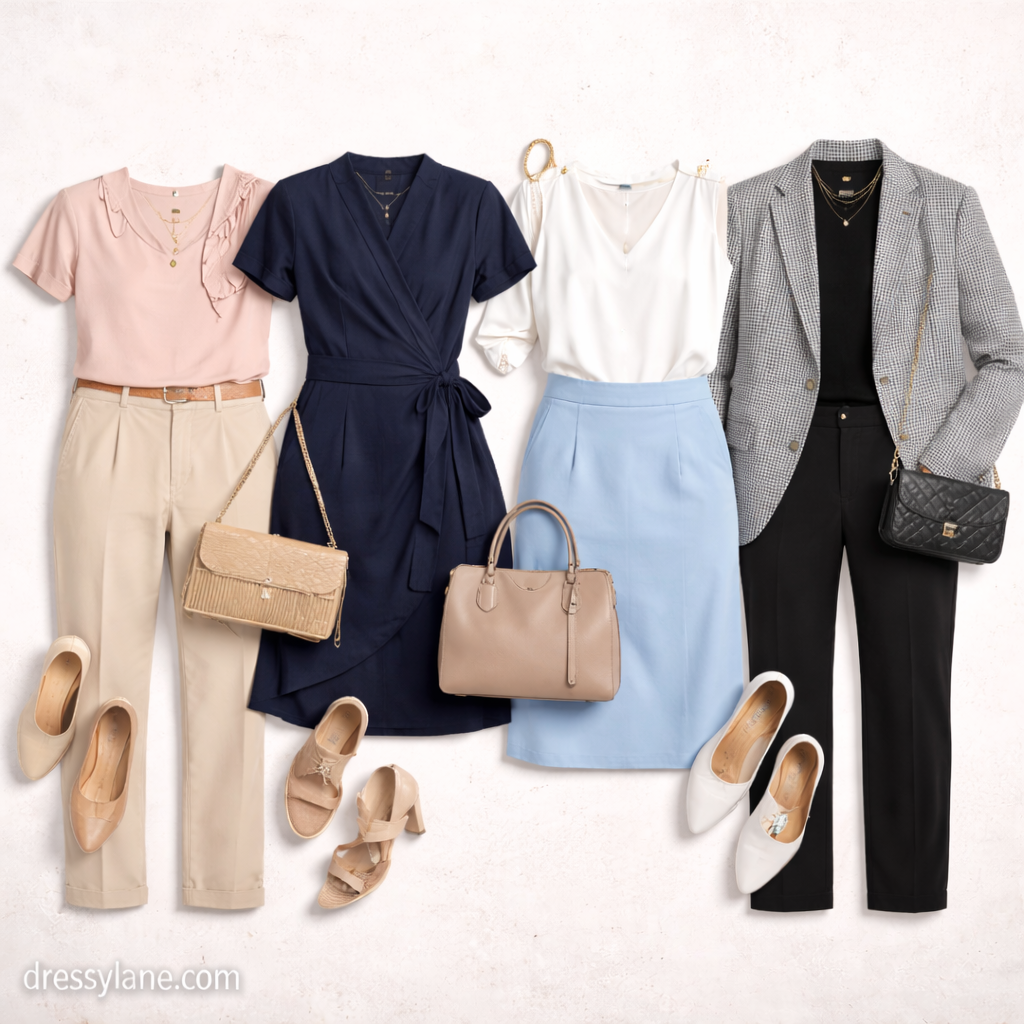 Flat lay of women’s first-day office outfits featuring blouses, skirts, trousers, dresses, shoes, and professional accessories.