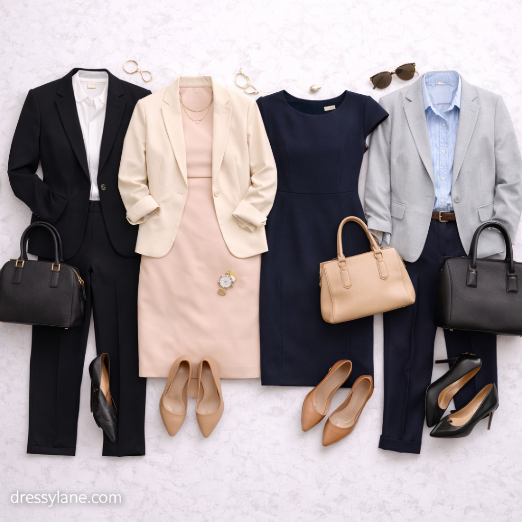 Flat lay of women’s formal office outfits featuring tailored suits, sheath dresses, blazers, heels, handbags, and professional accessories.