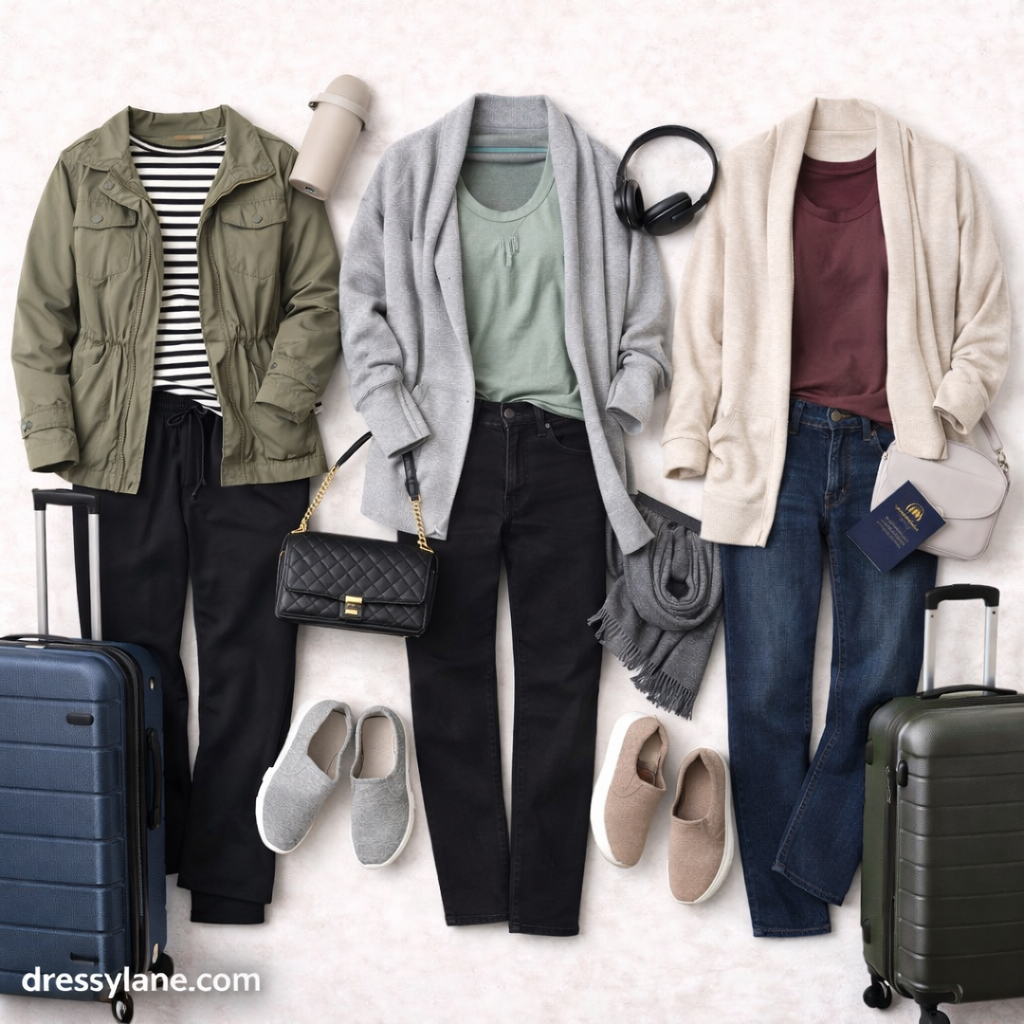 Flat lay of women’s travel outfits featuring comfortable layers, casual tops, travel pants, sneakers, handbags, and luggage styled for frequent trips.