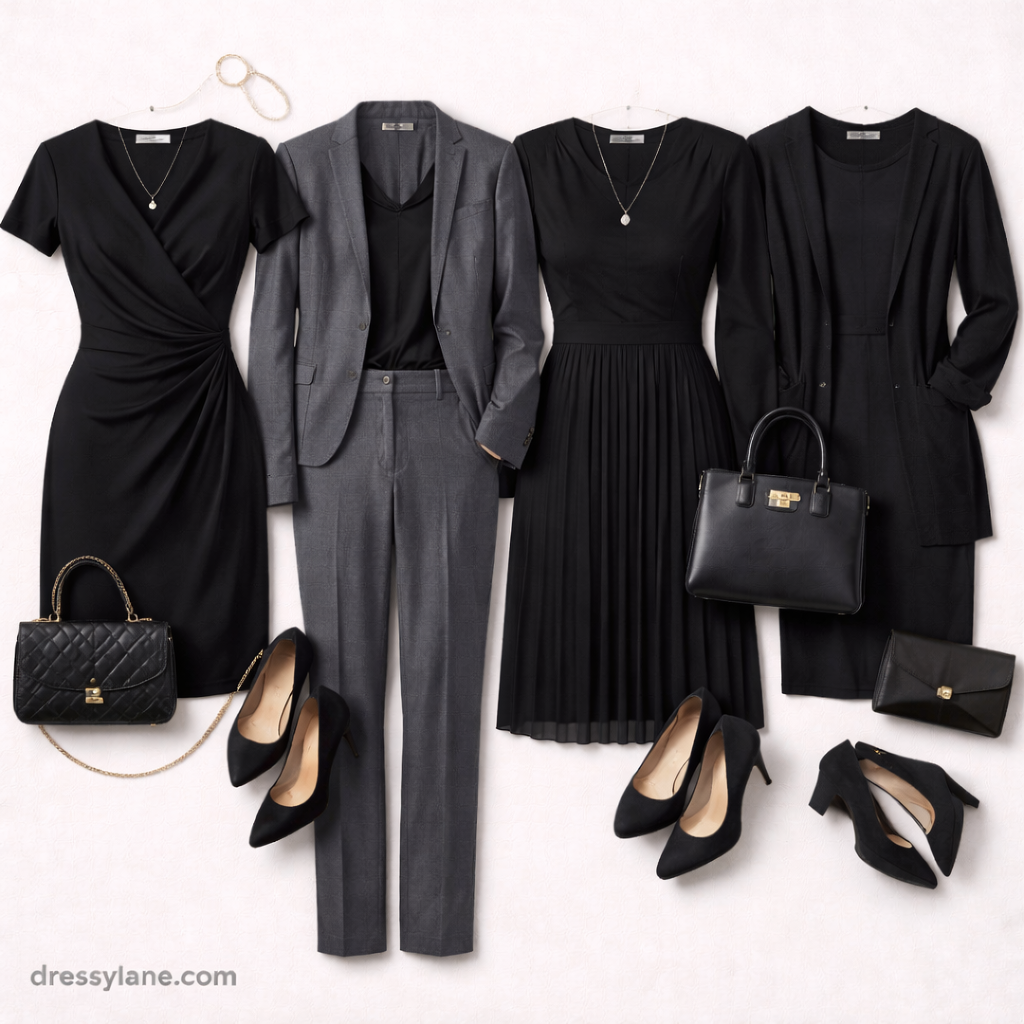 Flat lay of women’s funeral attire arranged neatly, featuring modest black and dark-toned dresses, suits, shoes, and accessories.