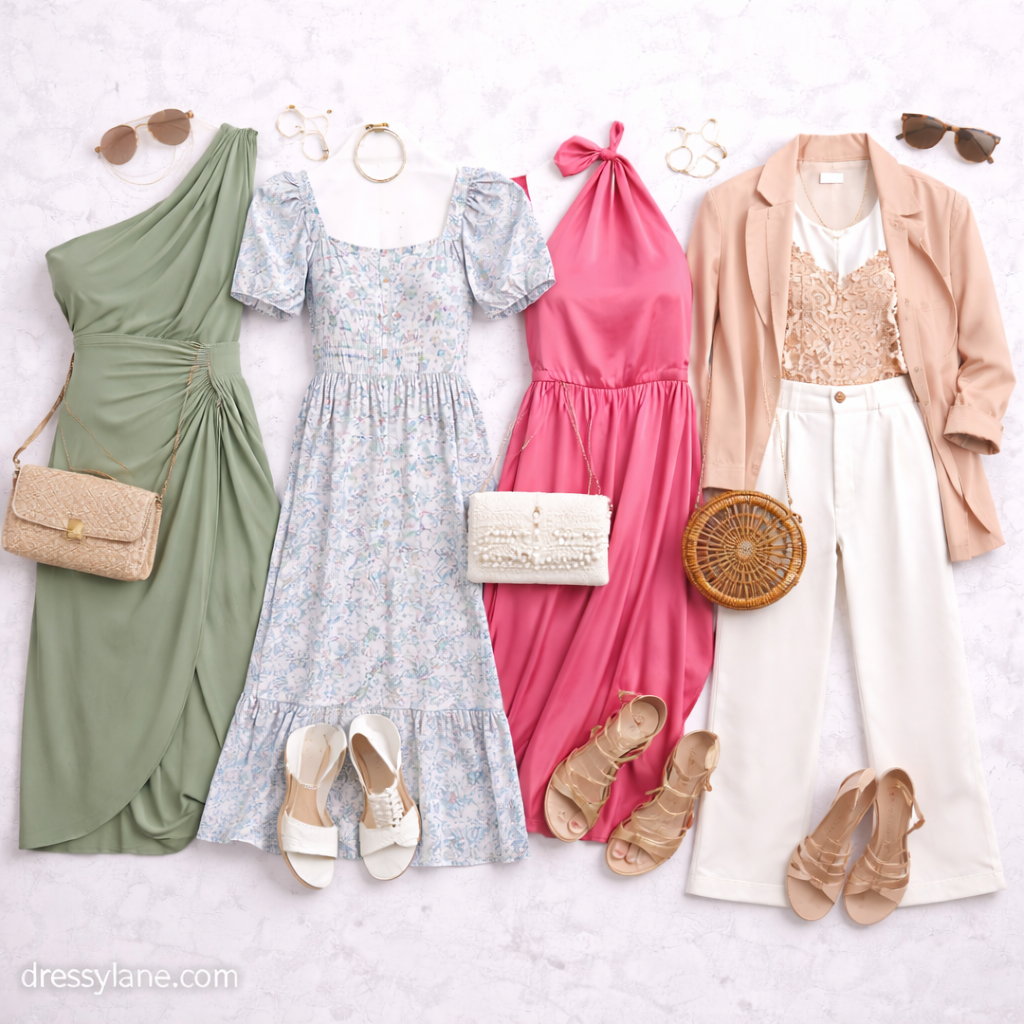 Flat lay of women’s garden wedding guest outfits featuring elegant dresses, soft pastel tones, dressy sandals, handbags, and coordinated accessories.