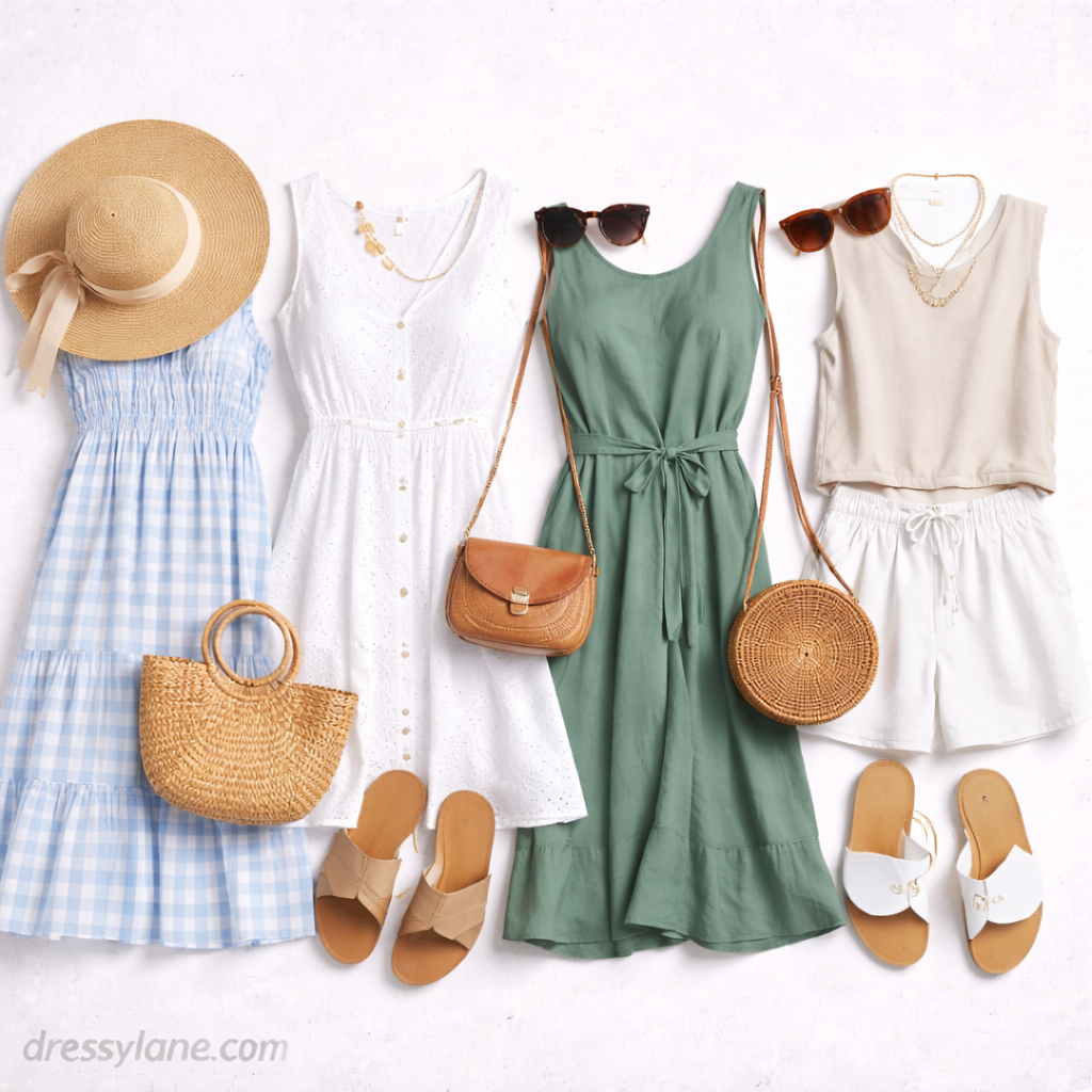 Flat lay of women’s heatwave outfits featuring lightweight dresses, breathable tops, linen shorts, sandals, straw bags, and summer accessories.