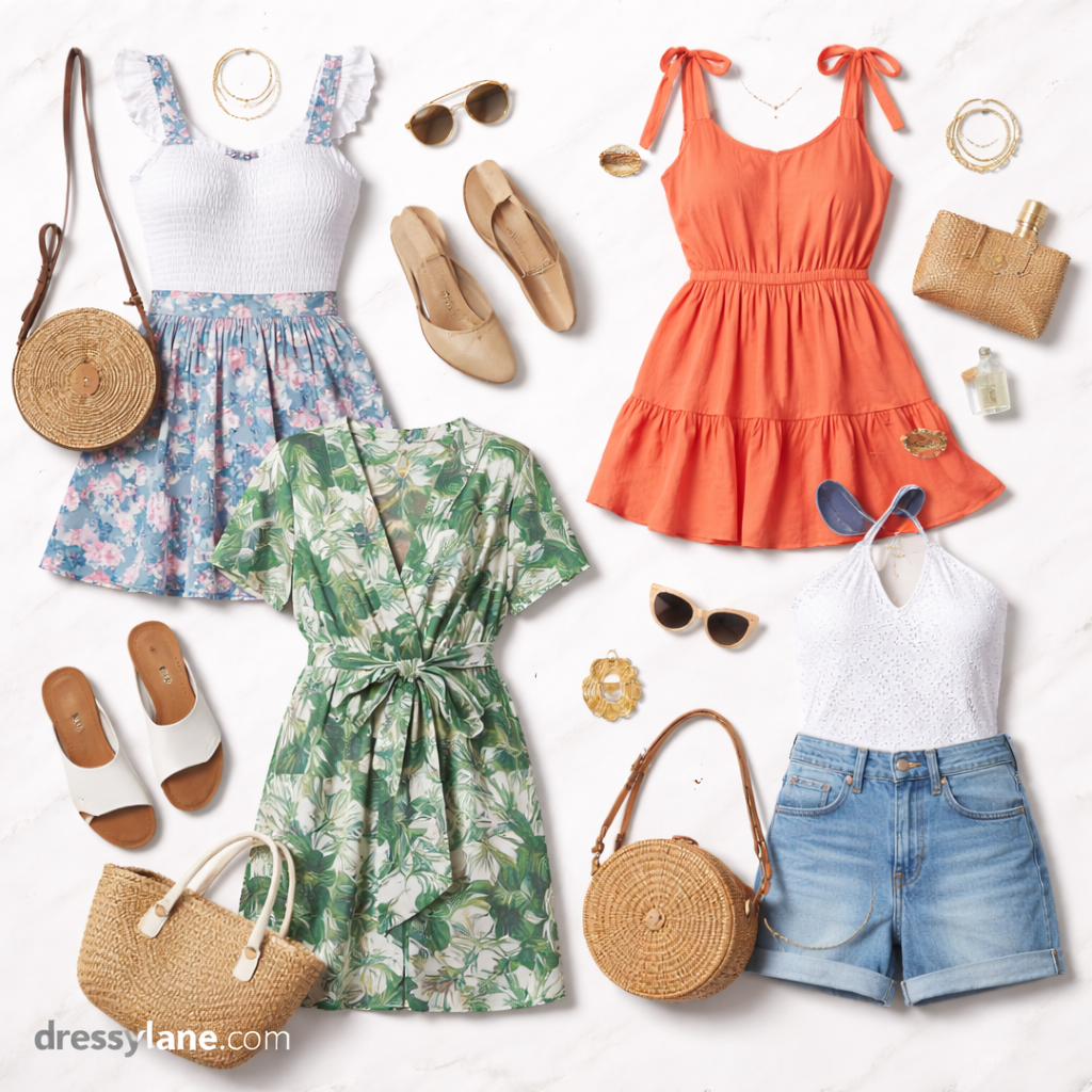 Flat lay of women’s lightweight summer party outfits including dresses, skirts, tops, sandals, and accessories arranged on a bright background.