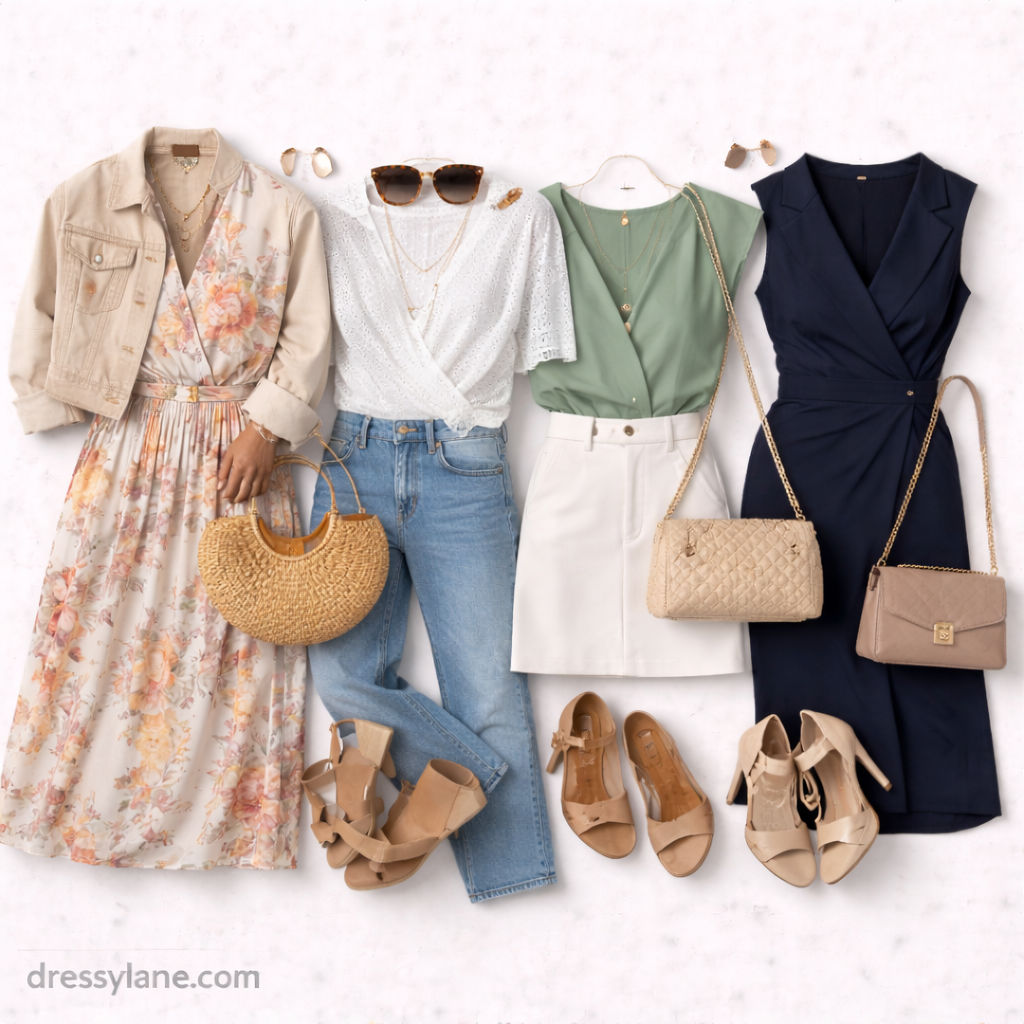 Flat lay of women’s hotel dining outfits featuring dresses, blouses, skirts, jeans, sandals, handbags, and elegant accessories arranged for polished travel dining.